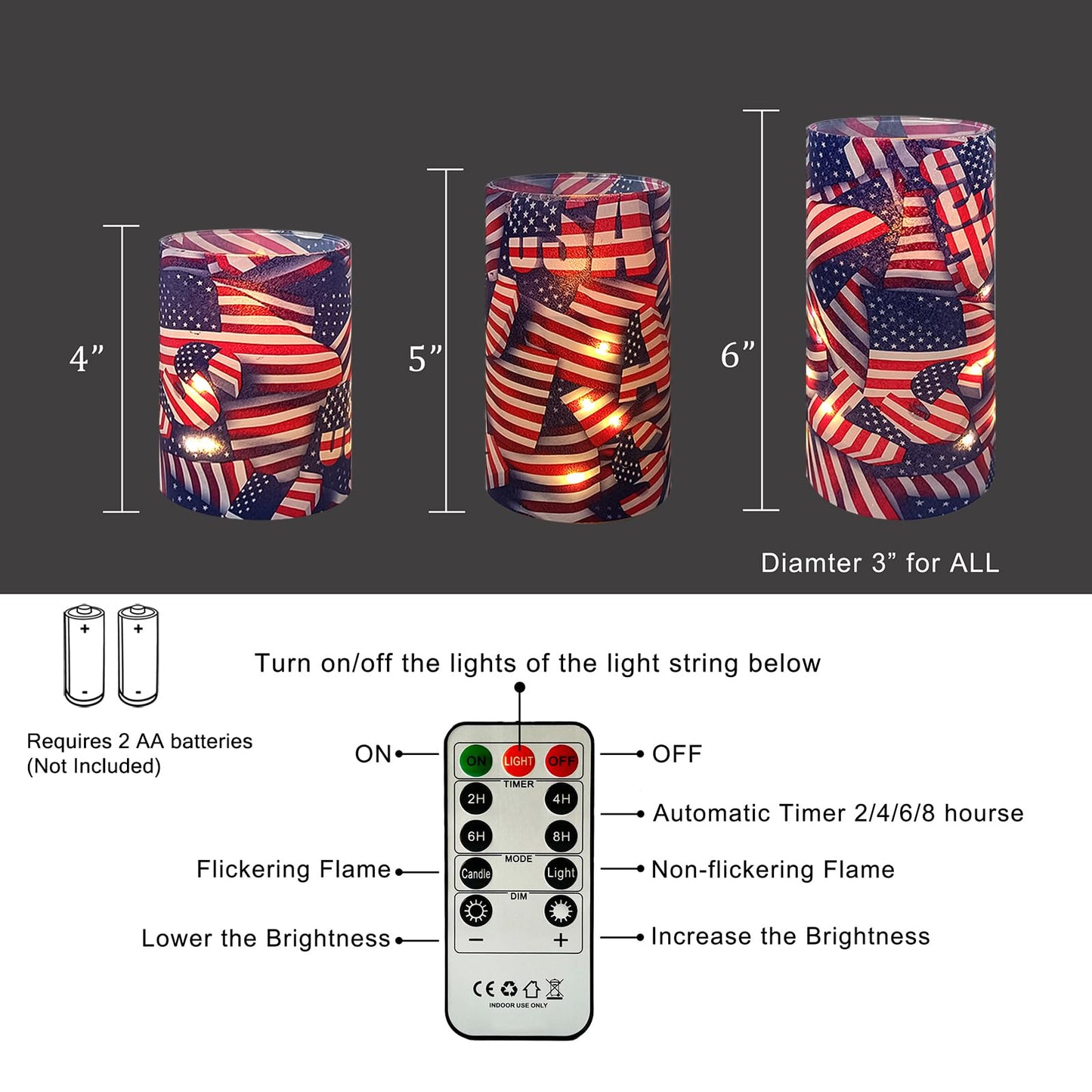 Independence Day Patriot Flickering Flameless Candles US Flag, Embedded Star String Lights, Battery Operated Acrylic LED Pillar Candles with 11-Key Remote and Timer for Home Decoration, 3 Pack