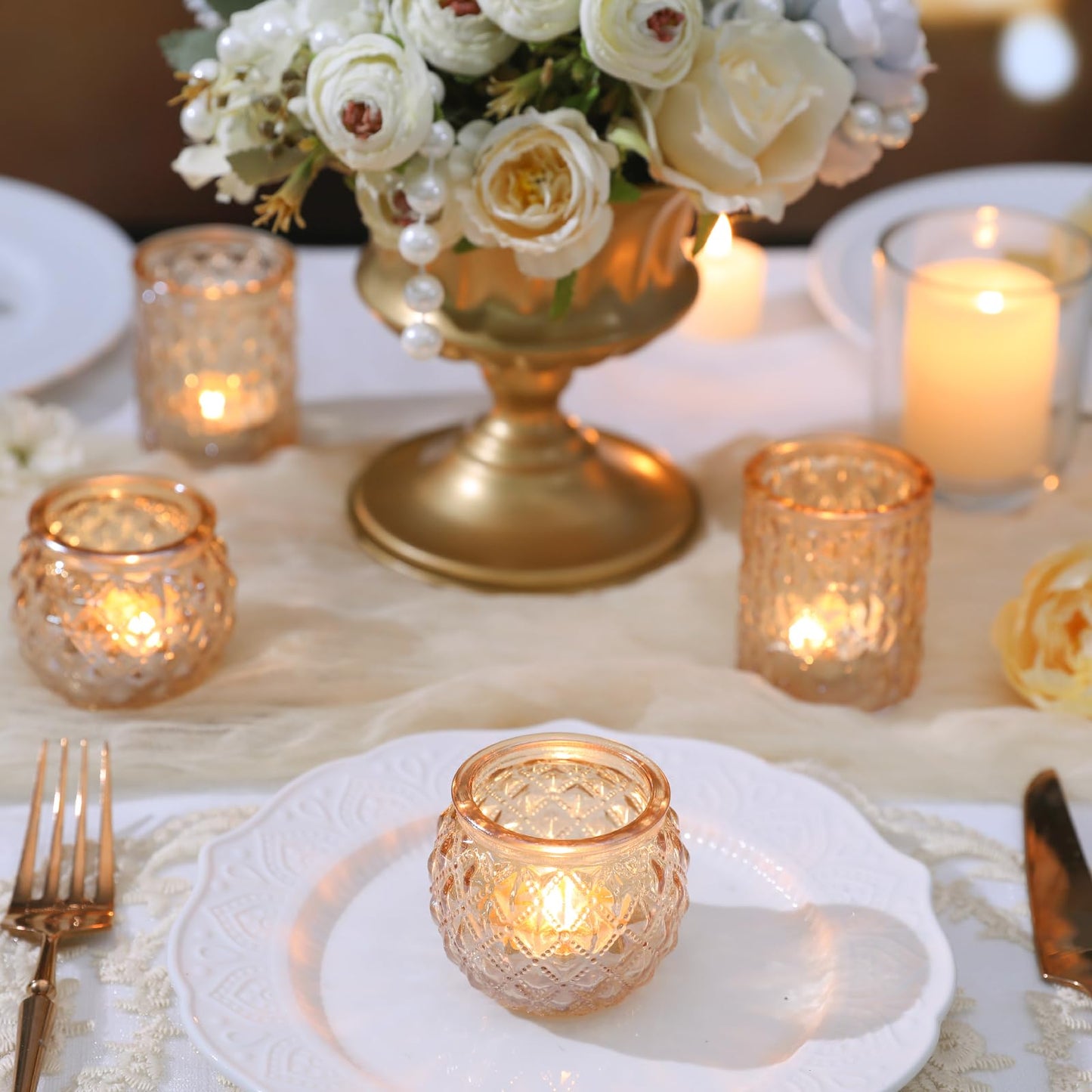 DARJEN Gold Votive Candle Holders Set of 24- Gold Candle Holders Bulk for Table Centerpiece, Tea Lights Candle Holder Glass for Wedding Shower, Home & Party Decor