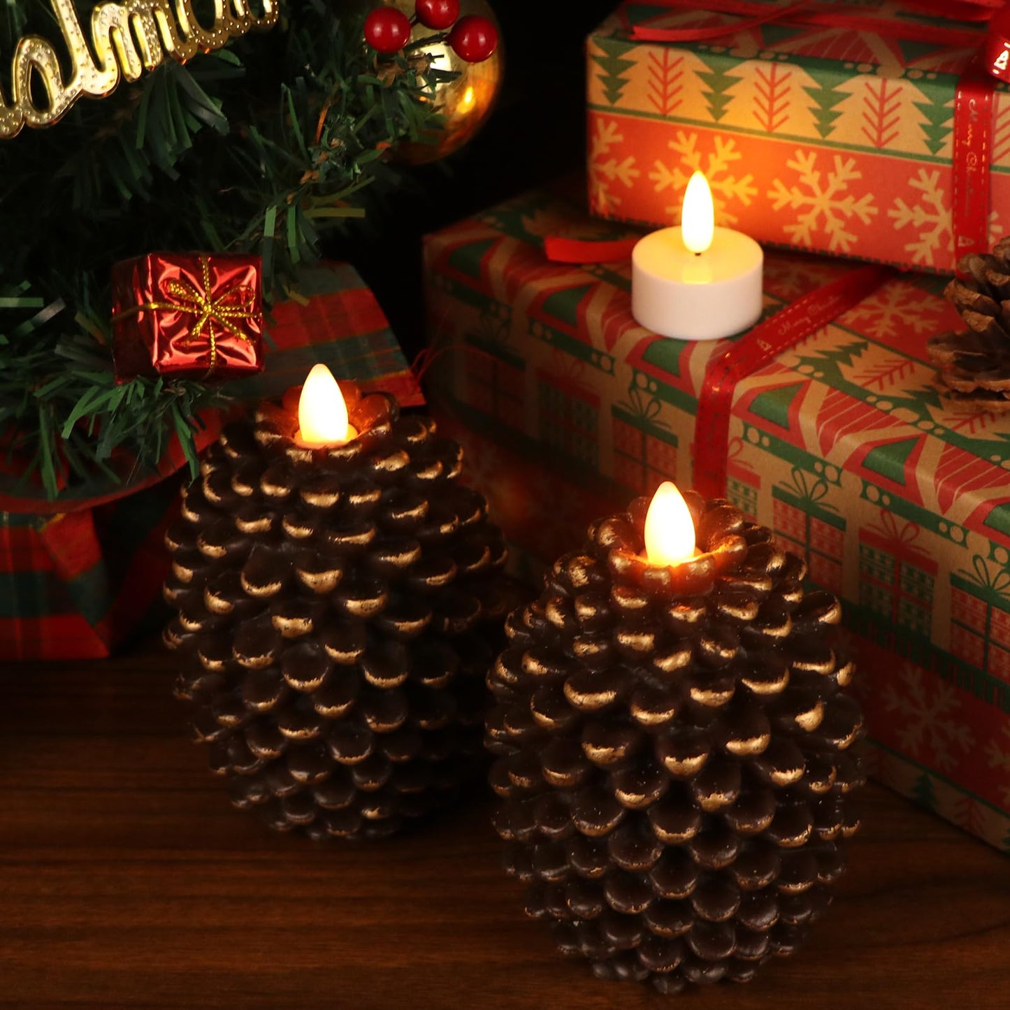 Eldnacele Pine Cone Flameless Candles Battery Operated with 6 Hour Timer Unscented Real Wax Flat Wick Flickering Pinecone LED Candles Christmas Home Holiday Decoration(2 Pack Brown)
