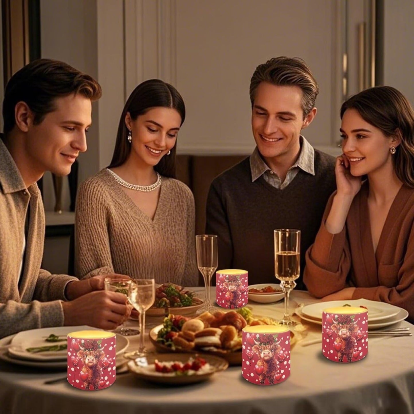 Merkmak 4 Pack Flameless Candles with Remote Battery Operated Pillar Candles with Timer Highland Cow Heart LED Elictric Tealights for Valentines Day Dining Table Decorations