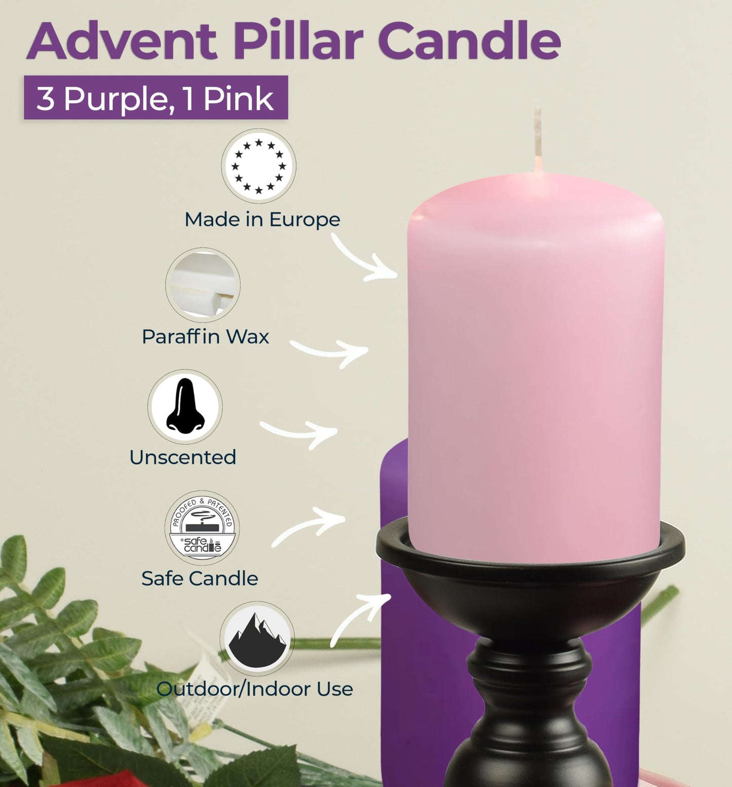 Hyoola Advent Candles Set of 4 - Unscented Pillar Candles 2x3 Inch - Made in Europe - Holiday & Advent Wreath Candles