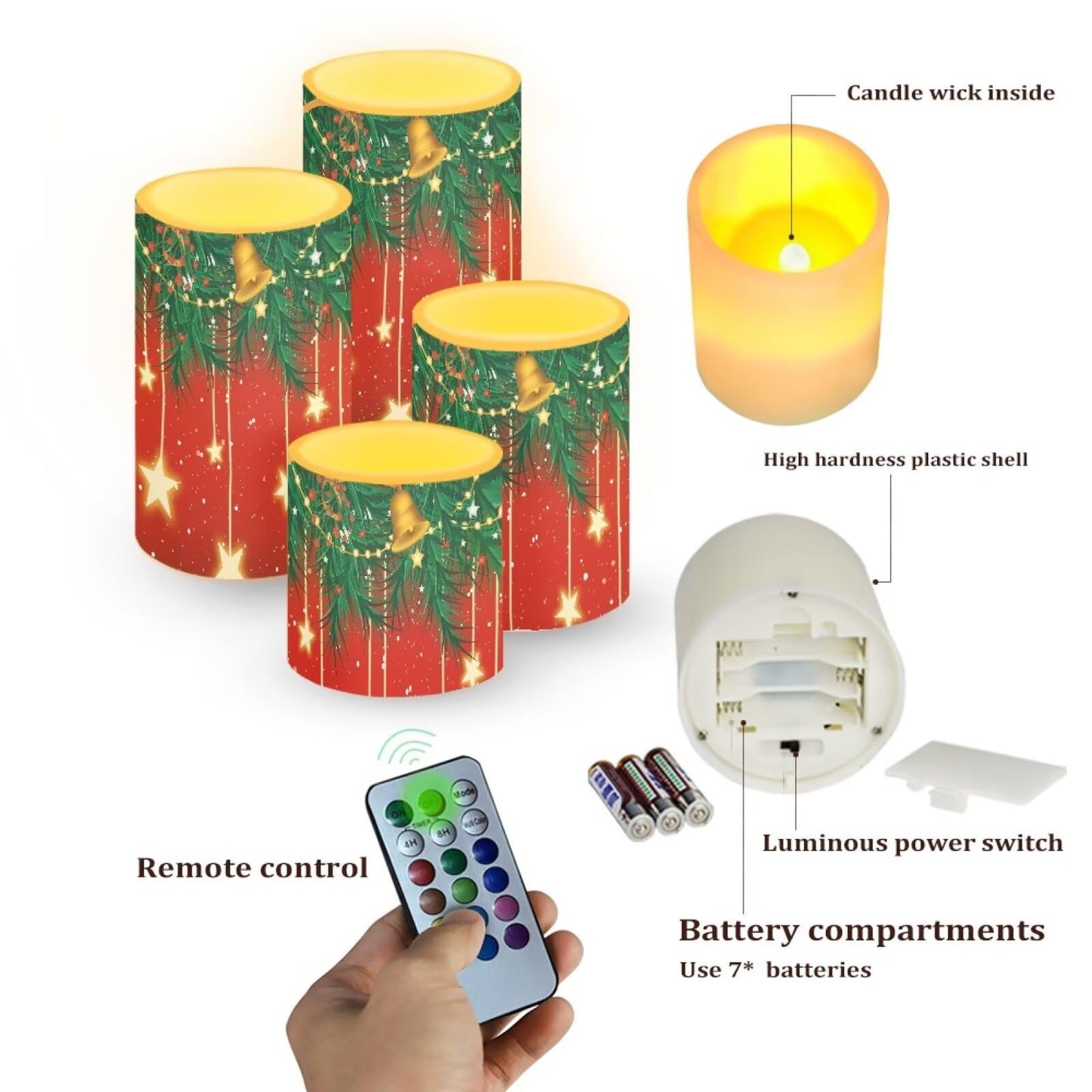NETILGEN Set of 4 Flameless LED Candles with Battery Powered Pillar Candles Tealights with Remote Timer Color Changing Christmas Bulb Lights Red