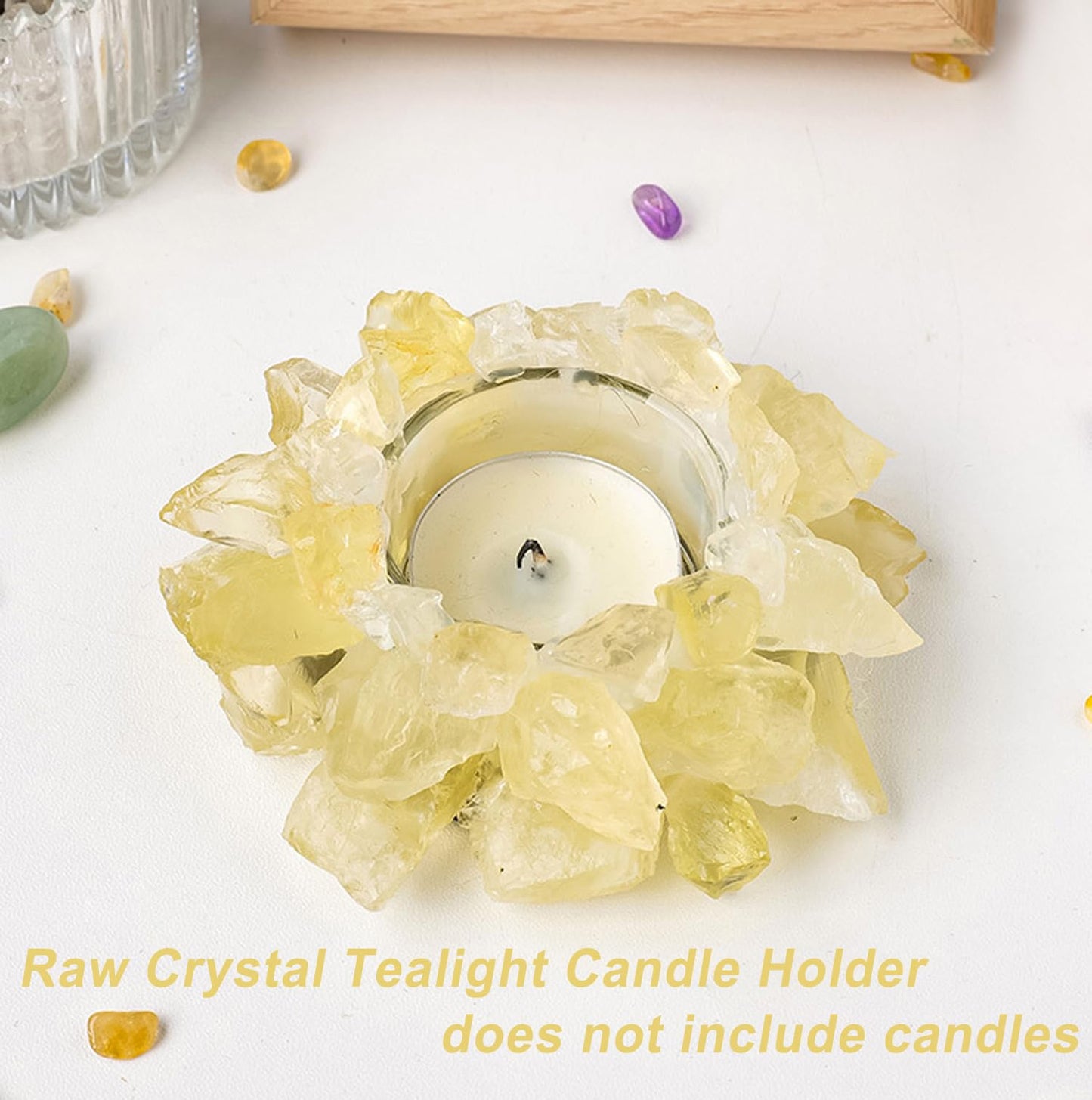 Natural Citrine Crystals, Raw Crystal Tealight Candle Holder Crystal Stone Candle Stand High Energy Geode Votive with Healing Effects (Not Included Candle)