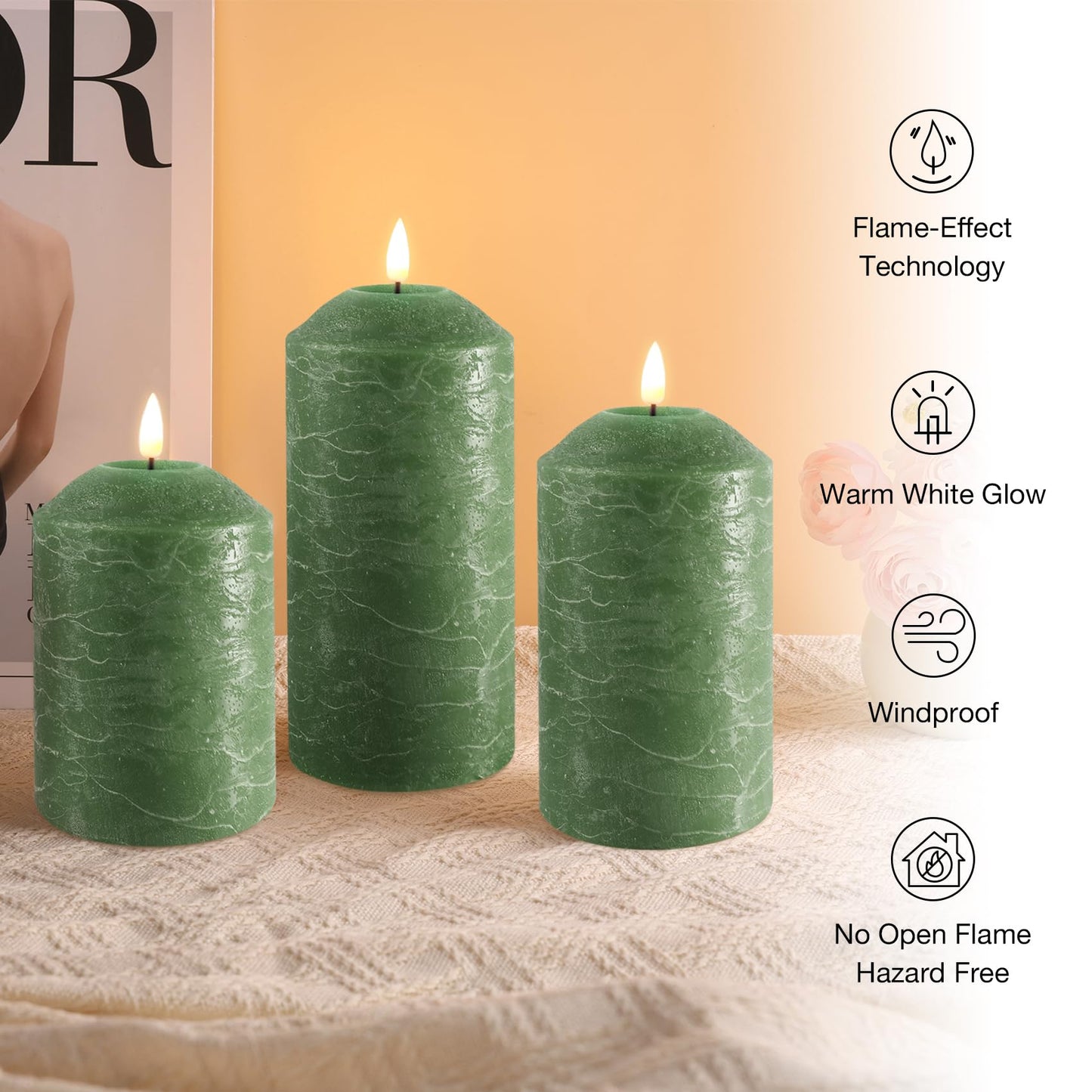 Eywamage Green Flameless Pillar Candles with Remote, Real Wax LED Battery Candles Flickering Spring Home Decor Set of 3