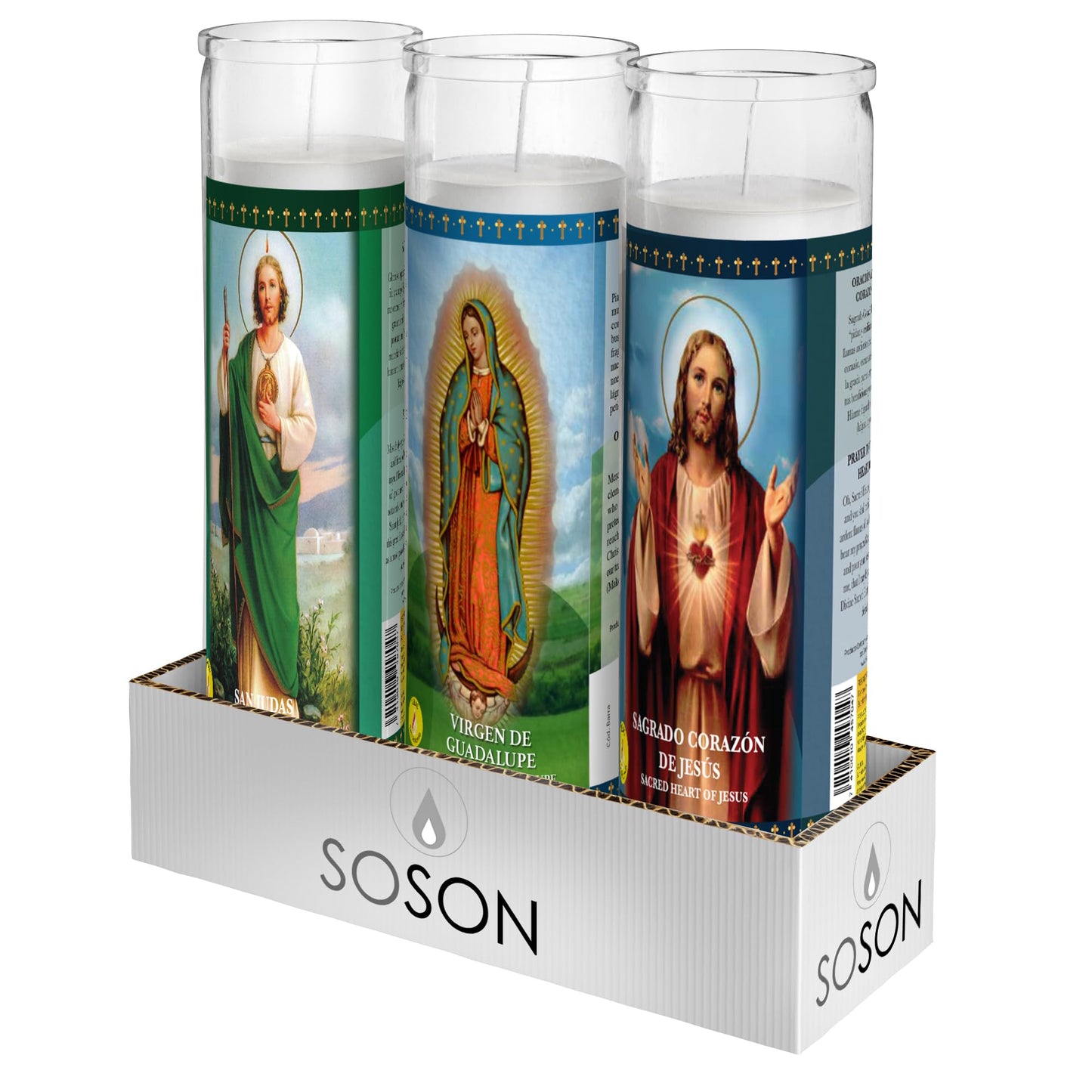 Simply Soson Religious Devotional Candle Set of 3, Virgin of Guadalupe, Sacred Heart of Jesus & Saint Jude, Catholic Glass Candles for Church and Home Devotion
