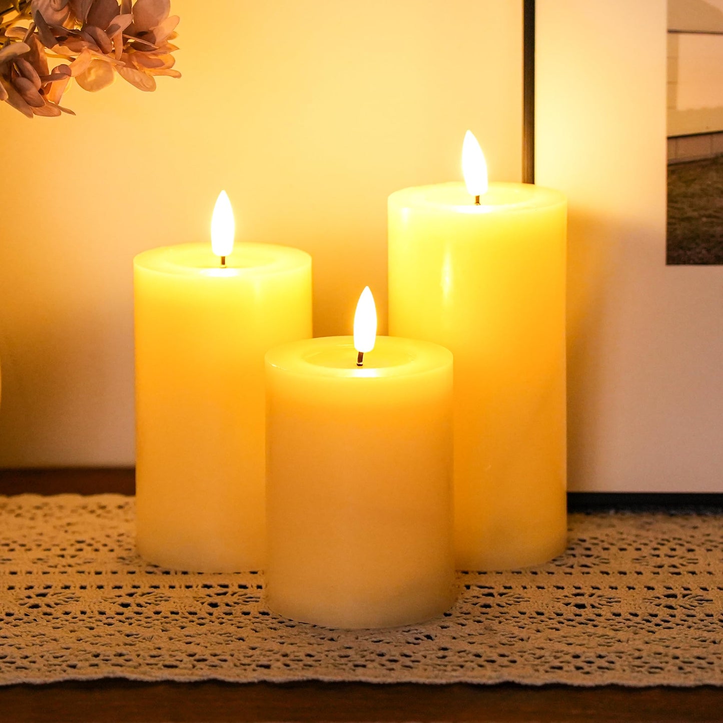 JHY DESIGN Flickering Flameless Candles Battery Operated with 10-Key Remote & 2/4/6/8-Hour Timer, Real Wax Pillar Grease Effect LED Candles Set for Chrismas/Home Decorations(Ivory)