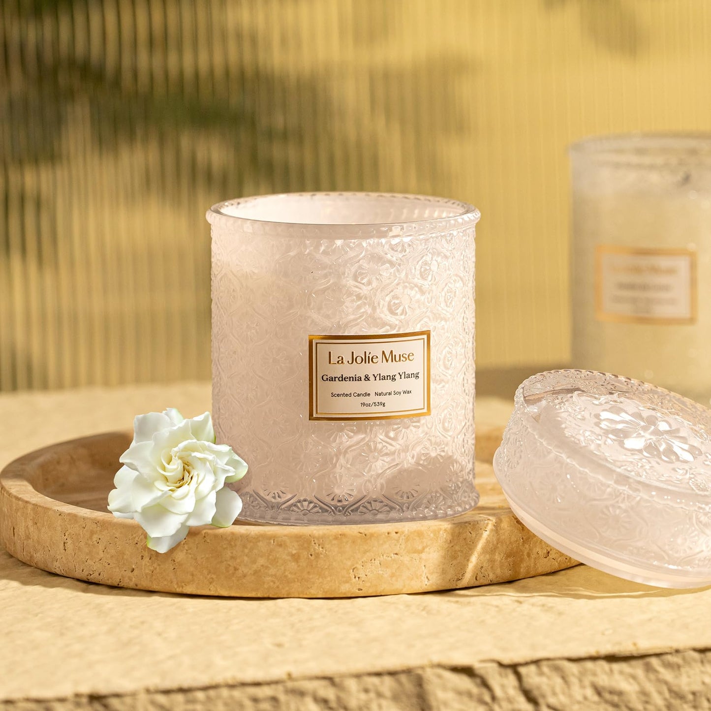 LA JOLIE MUSE Gardenia & Ylang Ylang Scented Candle for Home | 19 oz Non Toixc Natural Soy Floral Candle | Large Jar Candle for Women | Luxury Gifts for Mom | Wood Wick