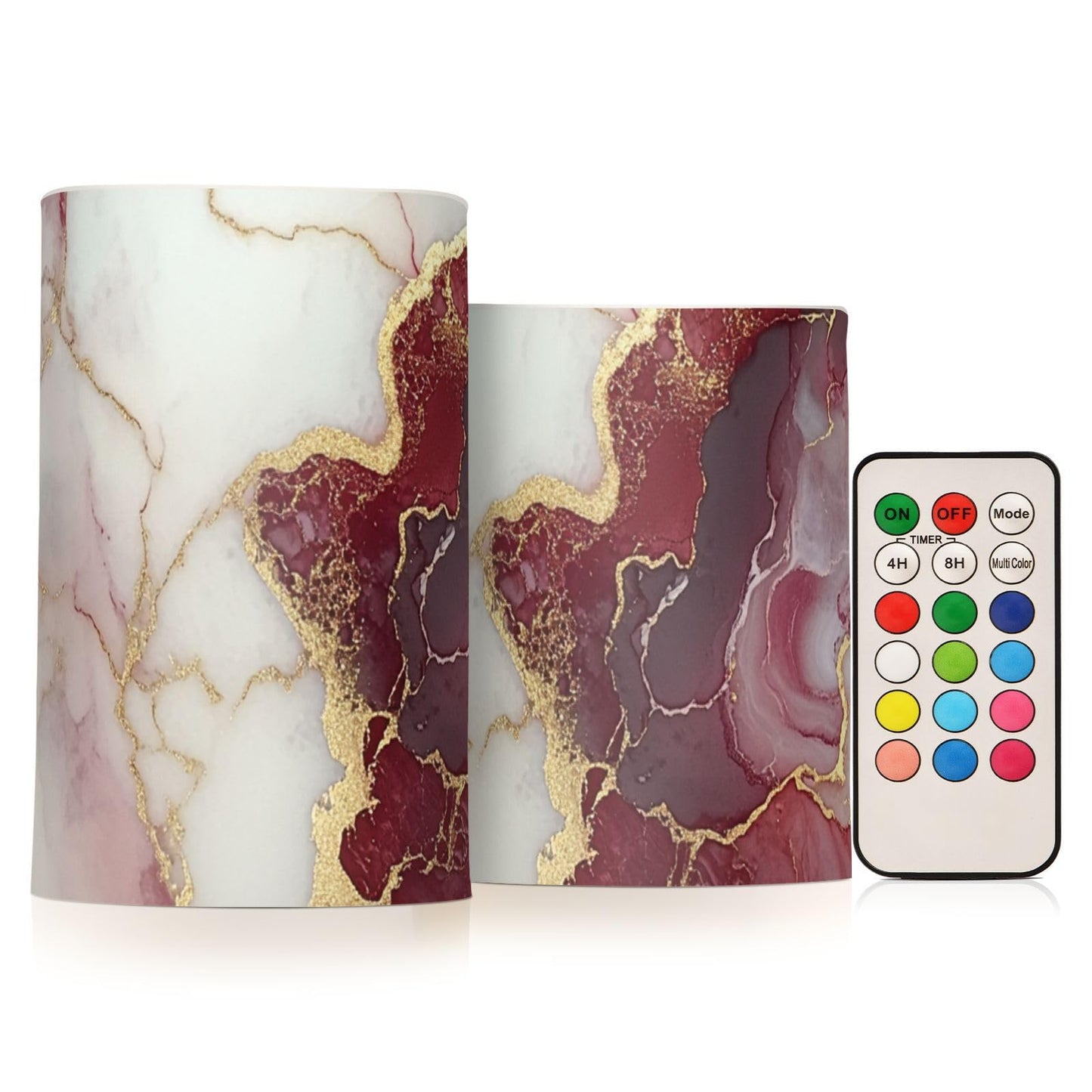 famyily Marble Burgundy White Flameless Flickering Candles Flameless Candles Set with Batteries for Dining Room Table 4" 5" Set of 2