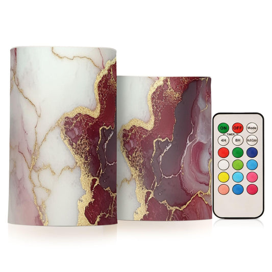 famyily Marble Burgundy White Flameless Flickering Candles Flameless Candles Set with Batteries for Dining Room Table 4" 5" Set of 2