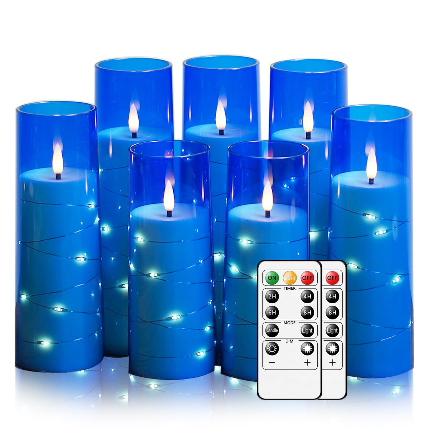 Eebuss Flameless Candles with Embedded Star String, Battery Operated LED Pillar Candles with Timer and Remote Control,Home Decorating for Ambiance， Set of 7 (Blue)