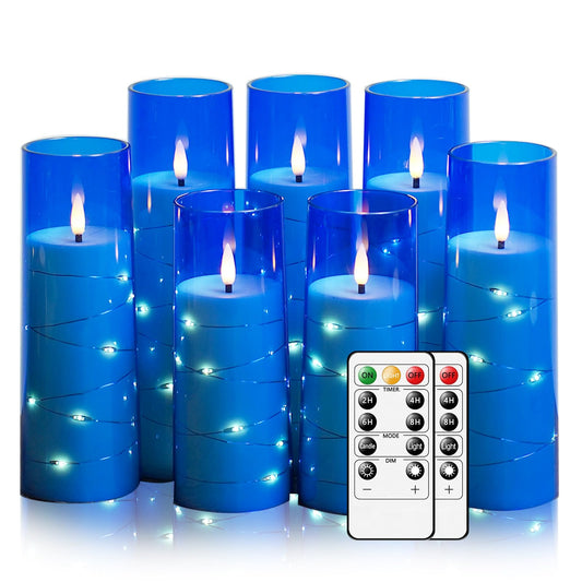 Eebuss Flameless Candles with Embedded Star String, Battery Operated LED Pillar Candles with Timer and Remote Control,Home Decorating for Ambiance， Set of 7 (Blue)