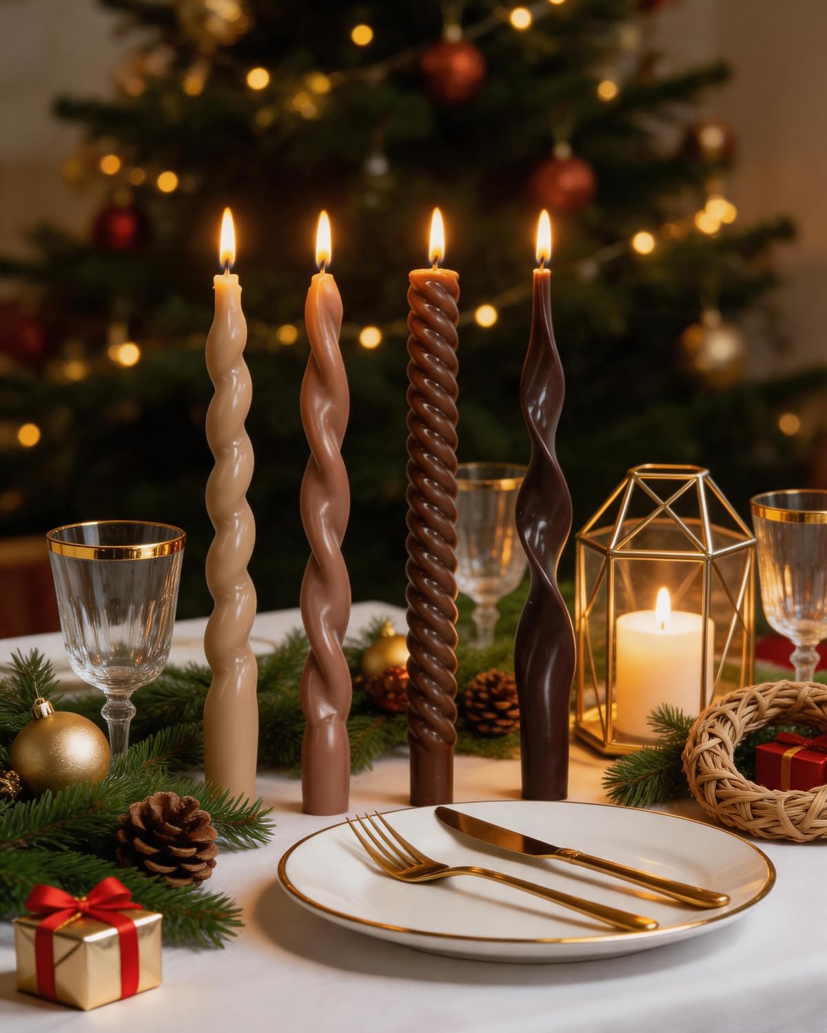Brown Taper Candle Stick Spiral Taper Candle for Wedding Party Fall Decoration Home Dinner Decoration Unscented Candles,10inch,4 Pack