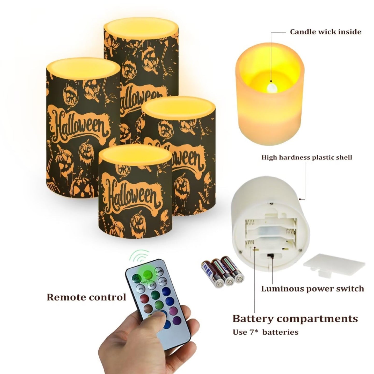 Merkmak Pack of 4 Halloween Pumpkin Flameless Candles Bulk with Remote 4th of July Battery Operated Candles with Timer Flickering LED Elictric Pillar Lights for Home Decorations