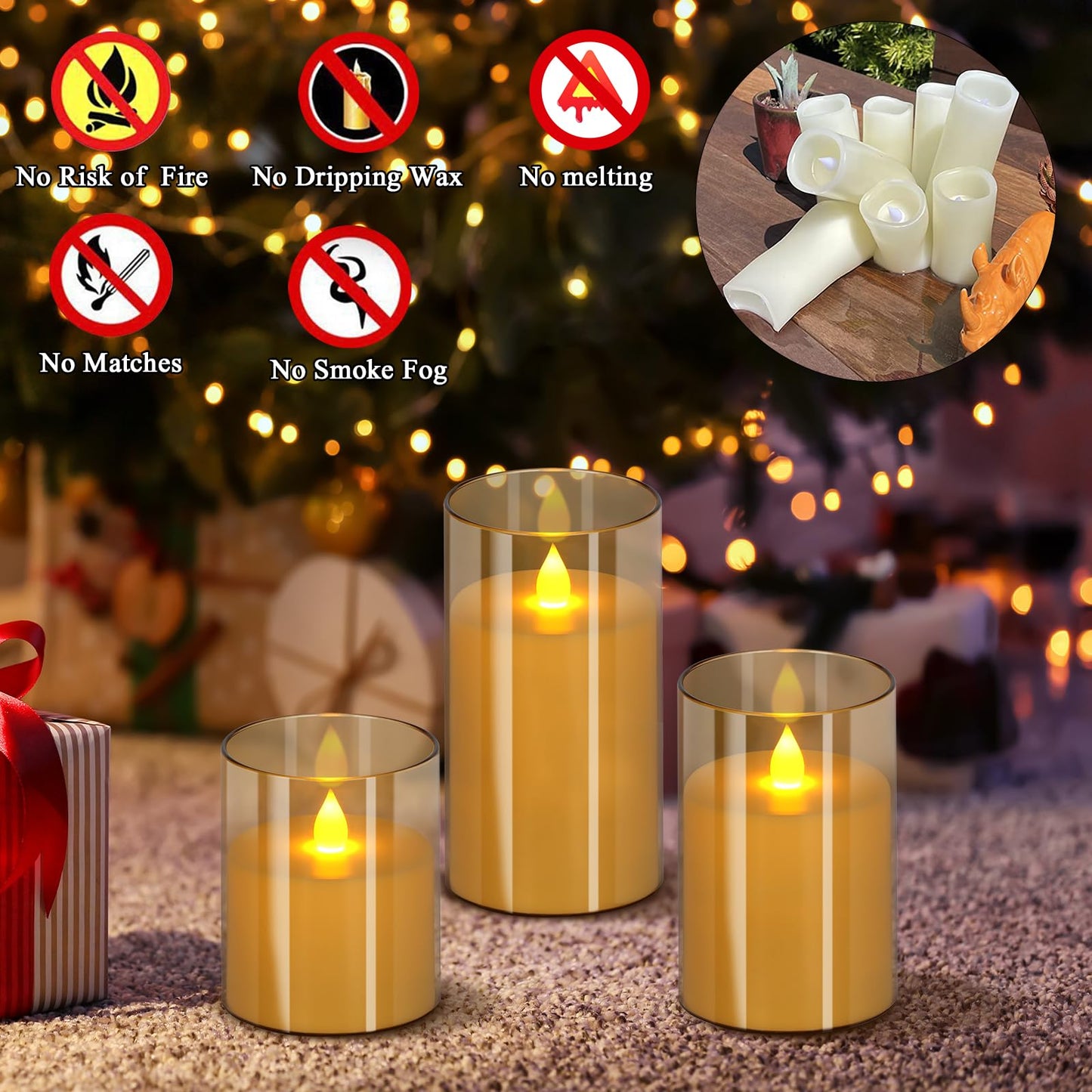 wemarry Flameless Candles 4" 5" 6" Acrylic Glass Pillars 3" Diameter Battery Operated Flickering Candles Include 8-Key Remote with Timer Function 400+ Hours (Amber, Warm Light 3 Pack)