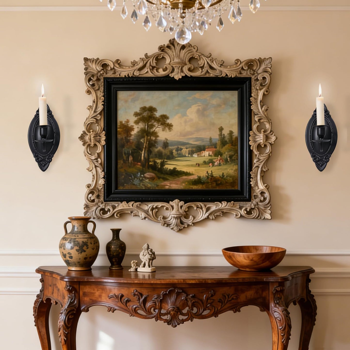 Vrnikhub Black Candle Sconces Set of Two, Victorian Decor Royal Wall Sconce, Metal Rustic Candle Holder Baroque Home Wall Decor for Living Room, Dining Room, Bedroom, Fireplace, Hallway, Window