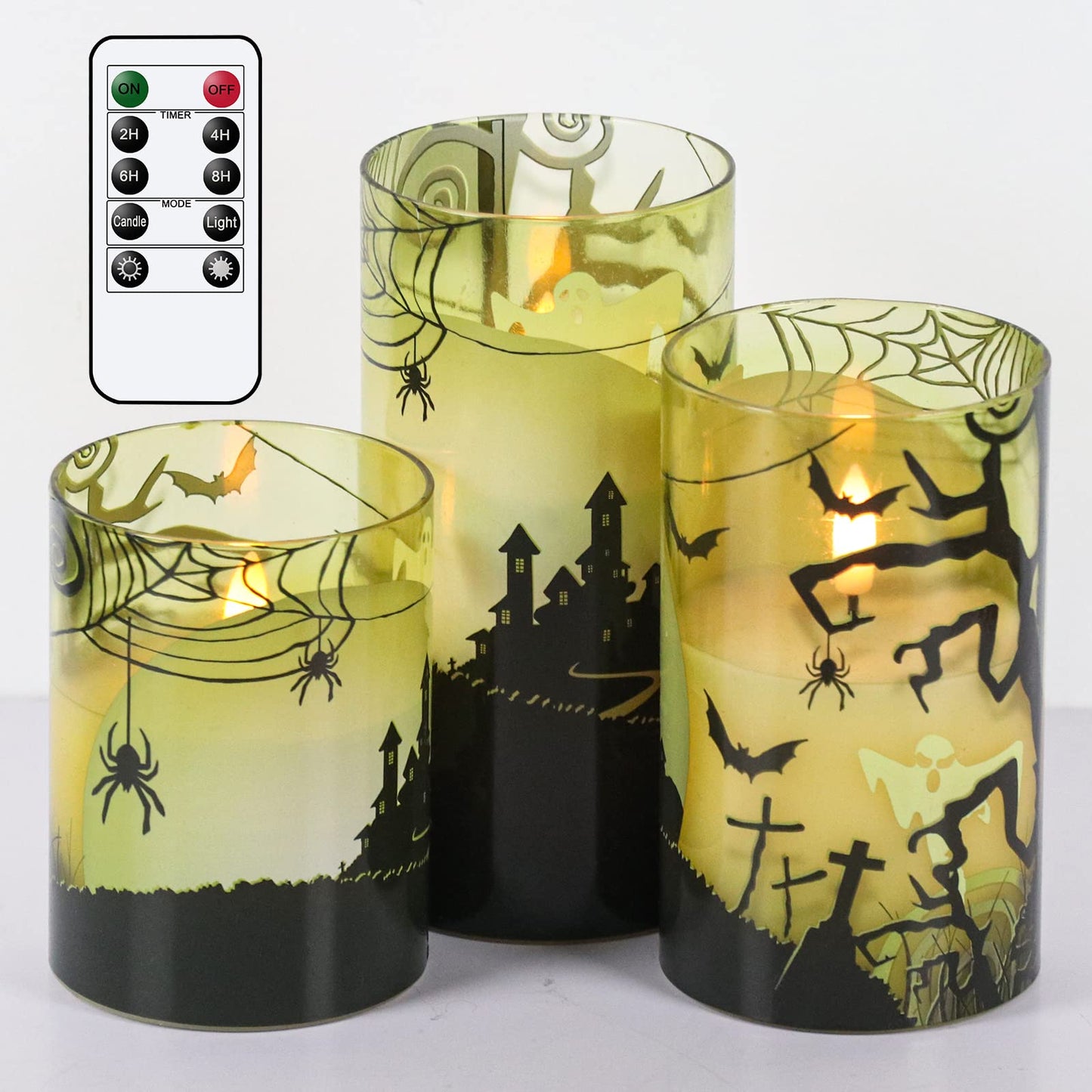 Eldnacele Halloween Flameless Candles with Remote Spider Web, Ghost, Castle Decals Battery Operated Real Wax Flickering Glass Pillar Candle for Spooky Holiday Decor 3 Pack