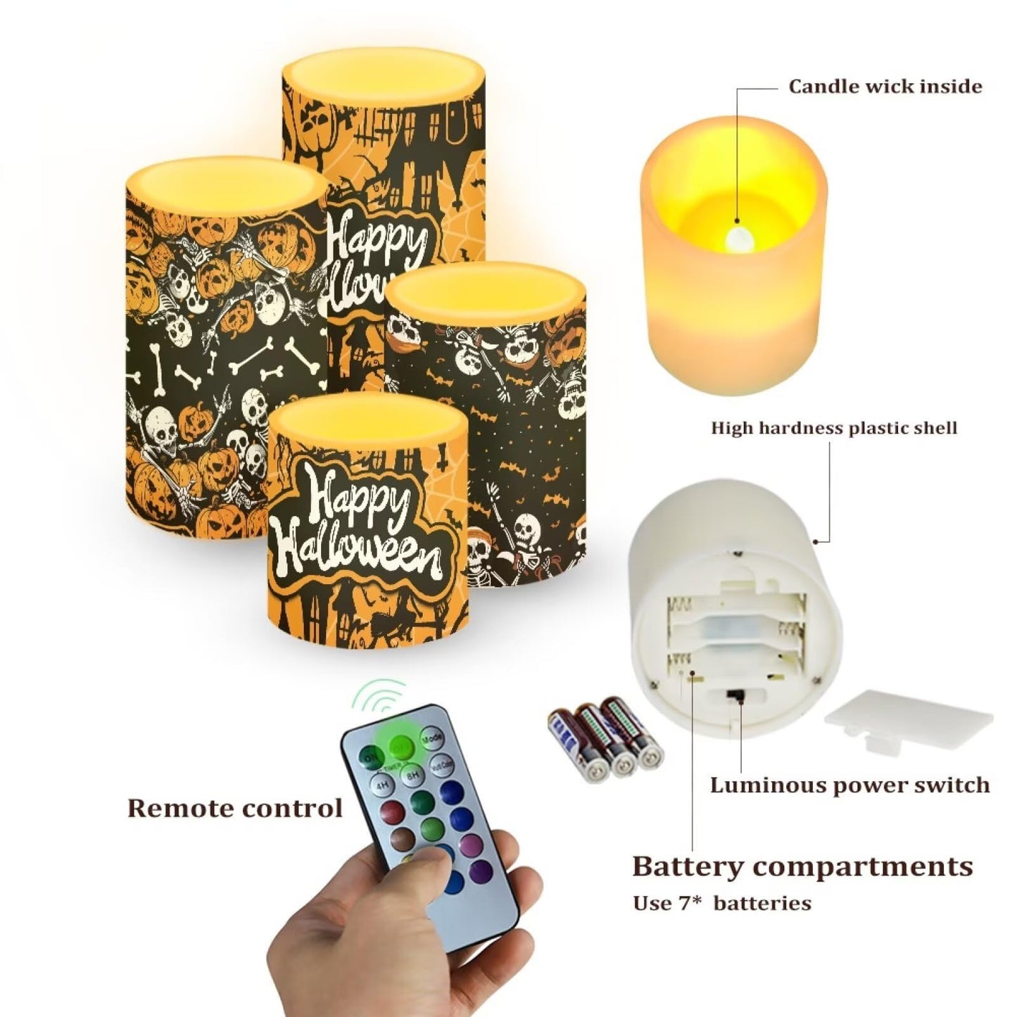 Merkmak 5.7" x 3" Battery Operated Flameless Candles with Timer Happy Halloween Skeleton LED Candles with Remote for Outdoor Indoor Decoration Electric 4Pcs Plastic Pillar Lights Bulk