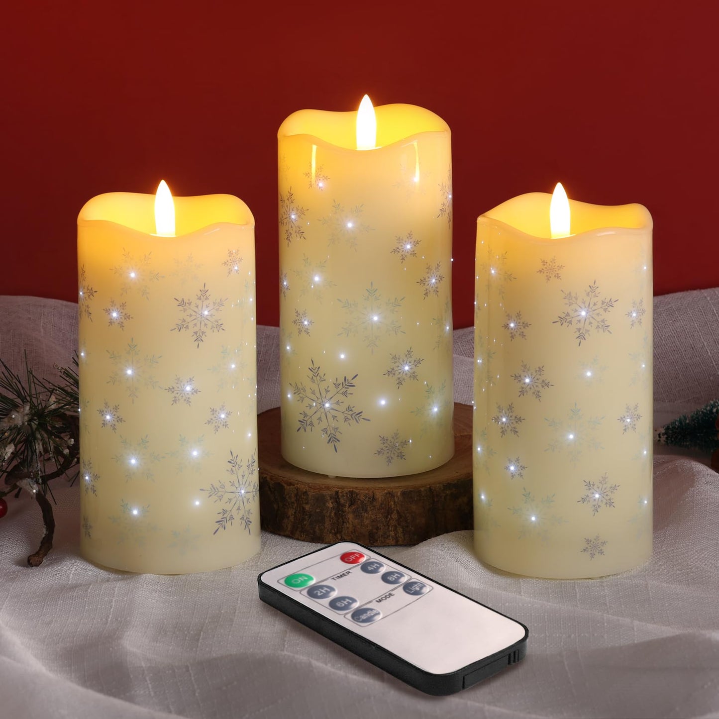 Eywamage Christmas Flameless Pillar Candles with Remote, Snowflakes Fiber Optic LED Candles Battery Operated Set of 3