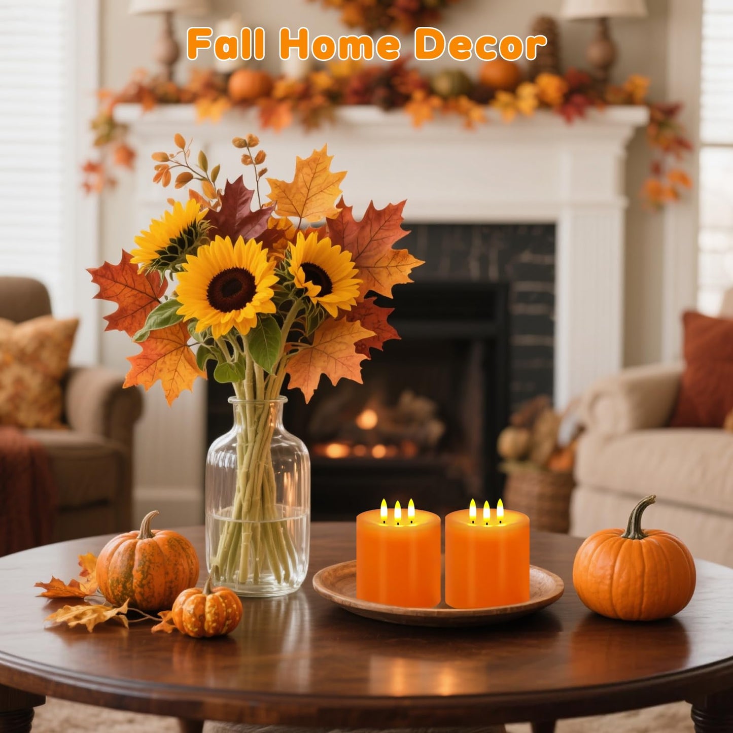 Large 3 Wick Flameless Candles Set of 2, 4"x4" Flickering LED Candles with Remote & Timer, Dimmable Real Wax Pillar Candles Battery Operated, Orange Candles for Fall Thanksgiving Halloween Decor