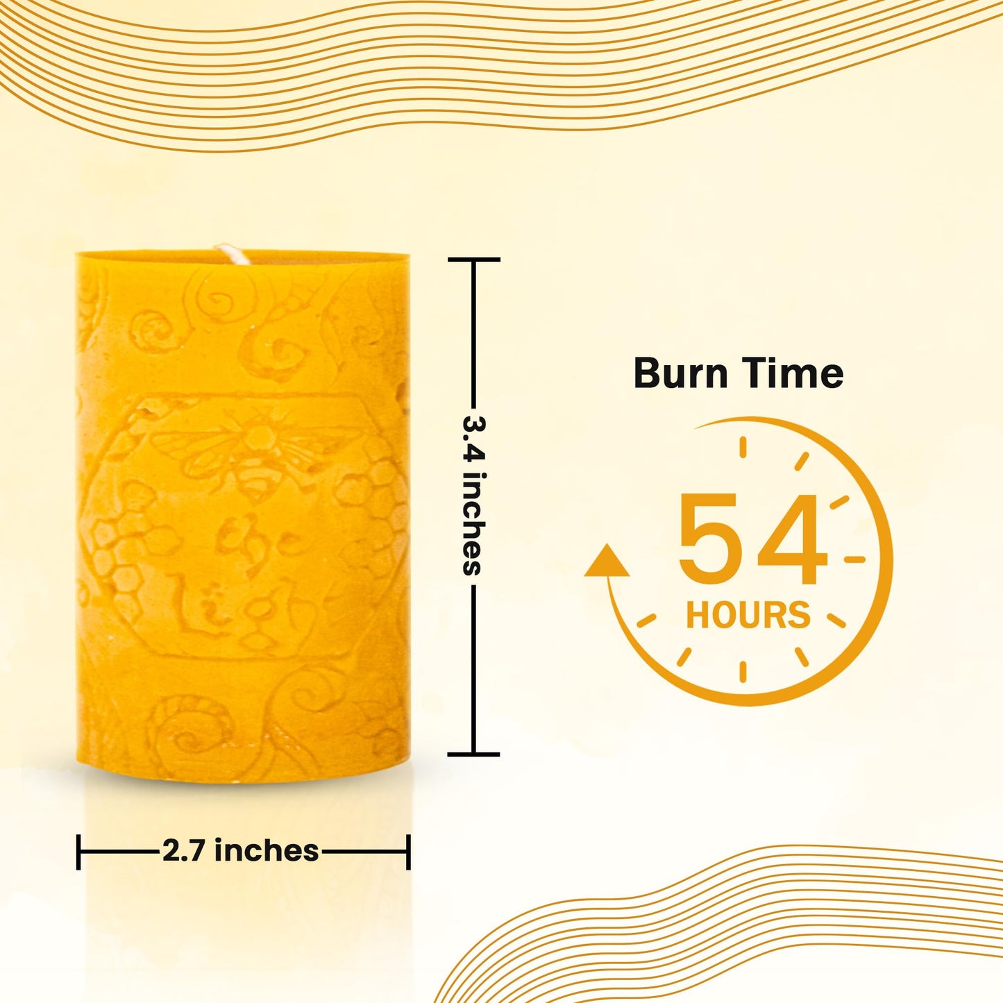 BeeTheLight Beeswax Pillar Candle - 100% Pure Bees Wax - Choose Your Size and Color - Up to 54 Hour Burn Time Fits 3x4 Holder - Approx. 2.6"x3.4" - Unscented - Natural Light Honey Scent