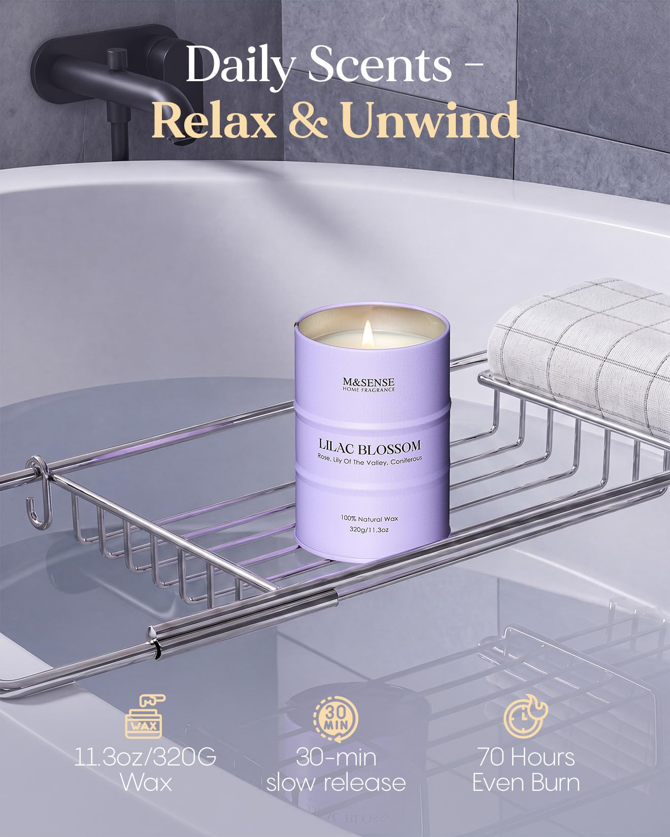 M&SENSE Lilac Blossom Soy Candles for Home Scented, 11.3oz 70 Hour Long Burning Aromatherapy Candle for Stress Relief Meditation Yoga Relaxing SPA, Housewarming Gifts for Women