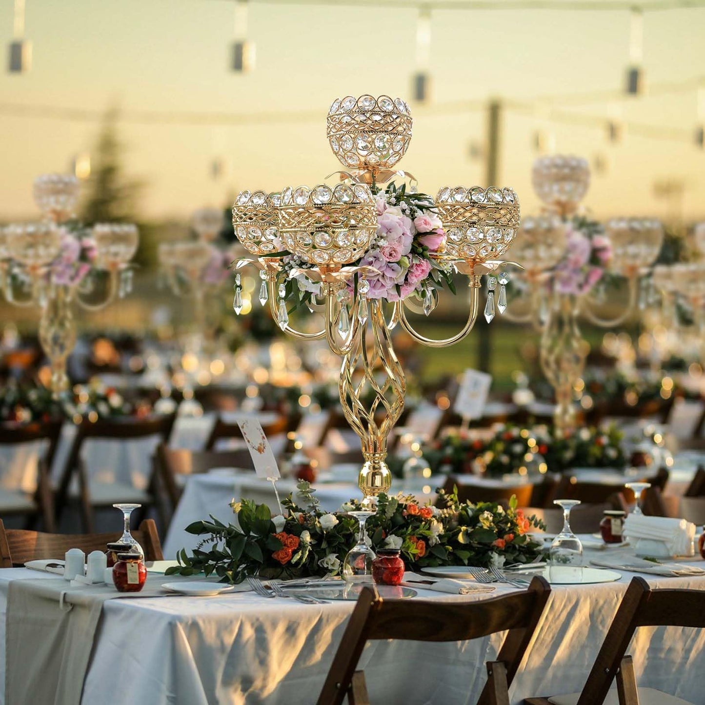 Elegant 5-Arm Candelabra Centerpiece with Crystal Pendants - 23.6 Inch Tall Table Centerpiece for Weddings, Parties, Home Decor for Mother’s Day, Holidays & Special Occasions (1, Gold)