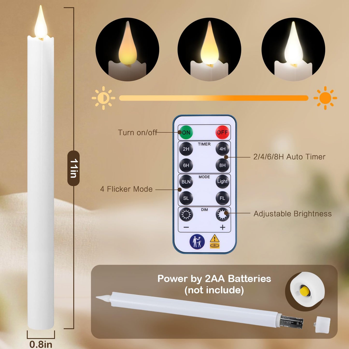 yunsheng 11 Inches Flameless Taper Candles Flickering with Remote & Timer, Set of 6 Battery Operated LED Window Candles, White Plastic LED Candlestick with 3D Wick for Christmas Wedding Home Decor