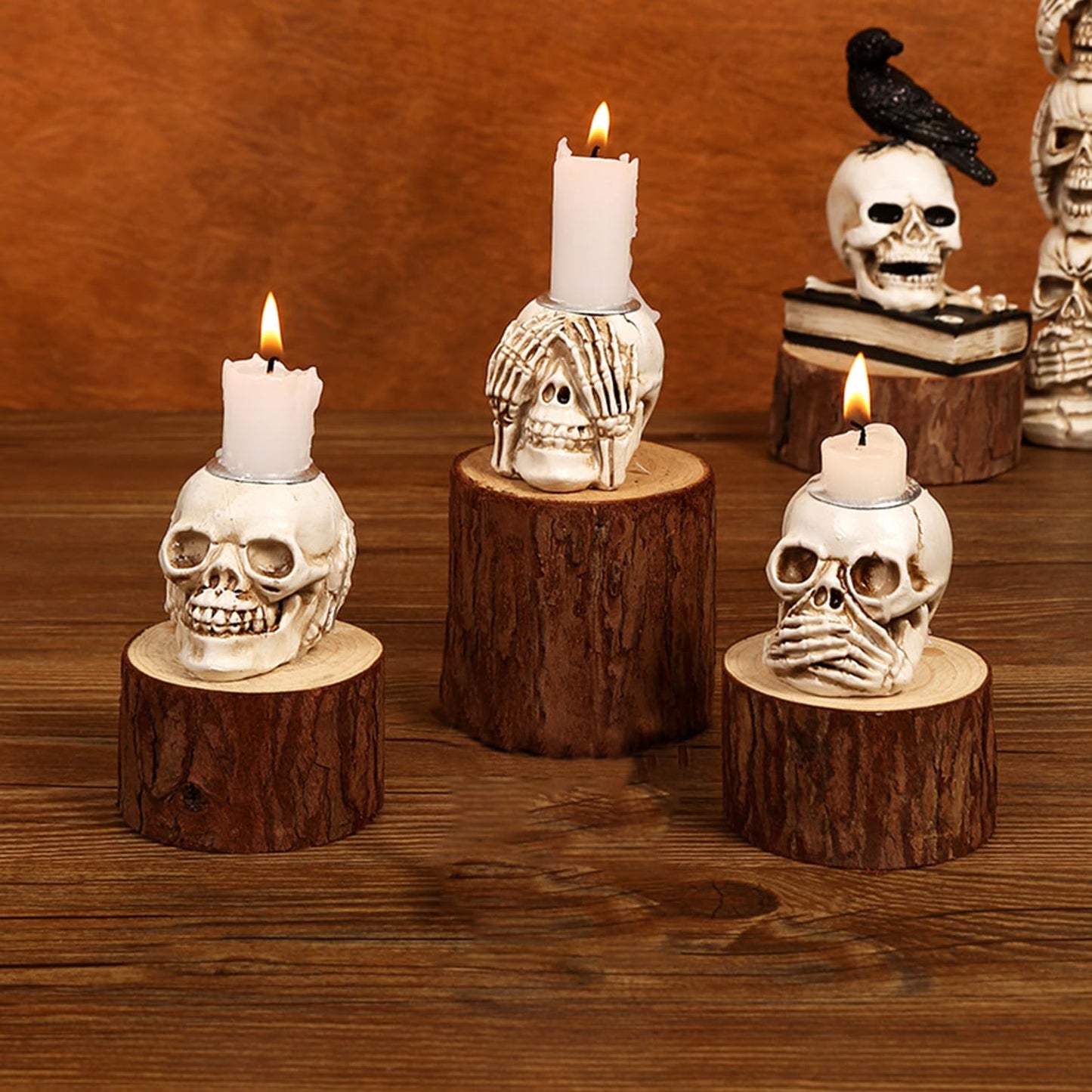 3 Piece Halloween Skull Candle Holder for Table Centerpieces Fireplace Halloween Decor and Dinner Party Resin Halloween Candlesticks Holder