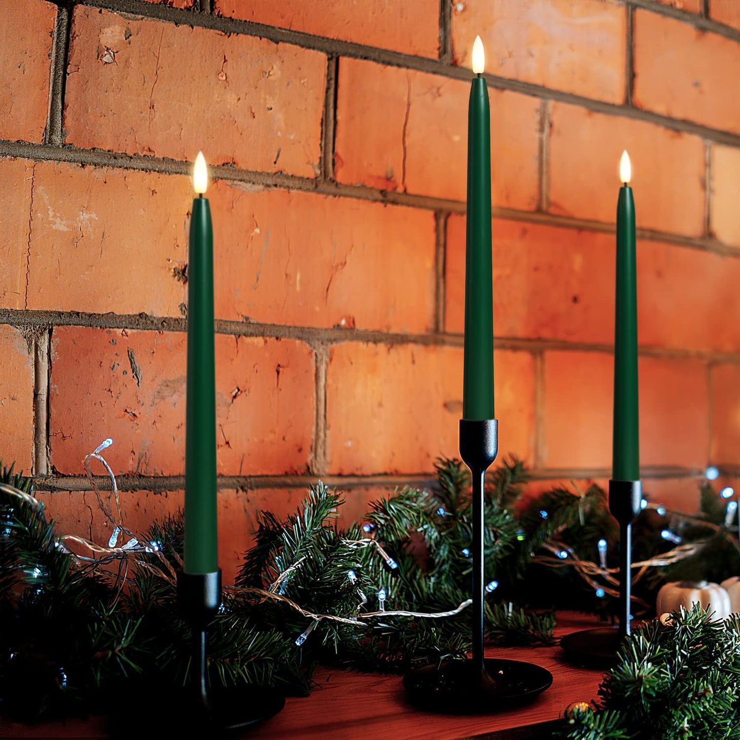 Stmarry Green Flameless Taper Candles with Remote Control - 11 Inch LED Candlesticks Battery Operated, Realistic 3D Flame with Wick, Timer, Christmas Decor - Set of 6