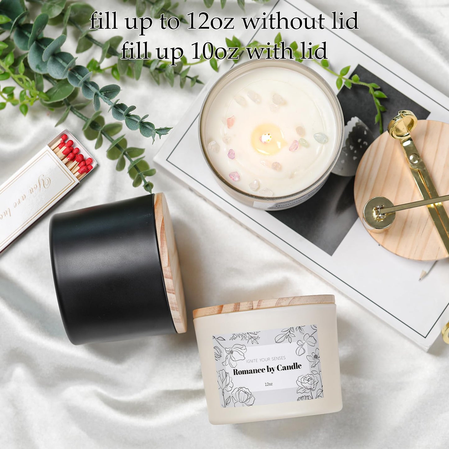6Pcs Assorted Black and White Candle Jars for Making Candles, 12oz Empty Candle Jars with Bamboo Lids,Labels and 100g Crystal Rocks, Glass Jars for Candle Making, Candle Containers for DIY Gifts