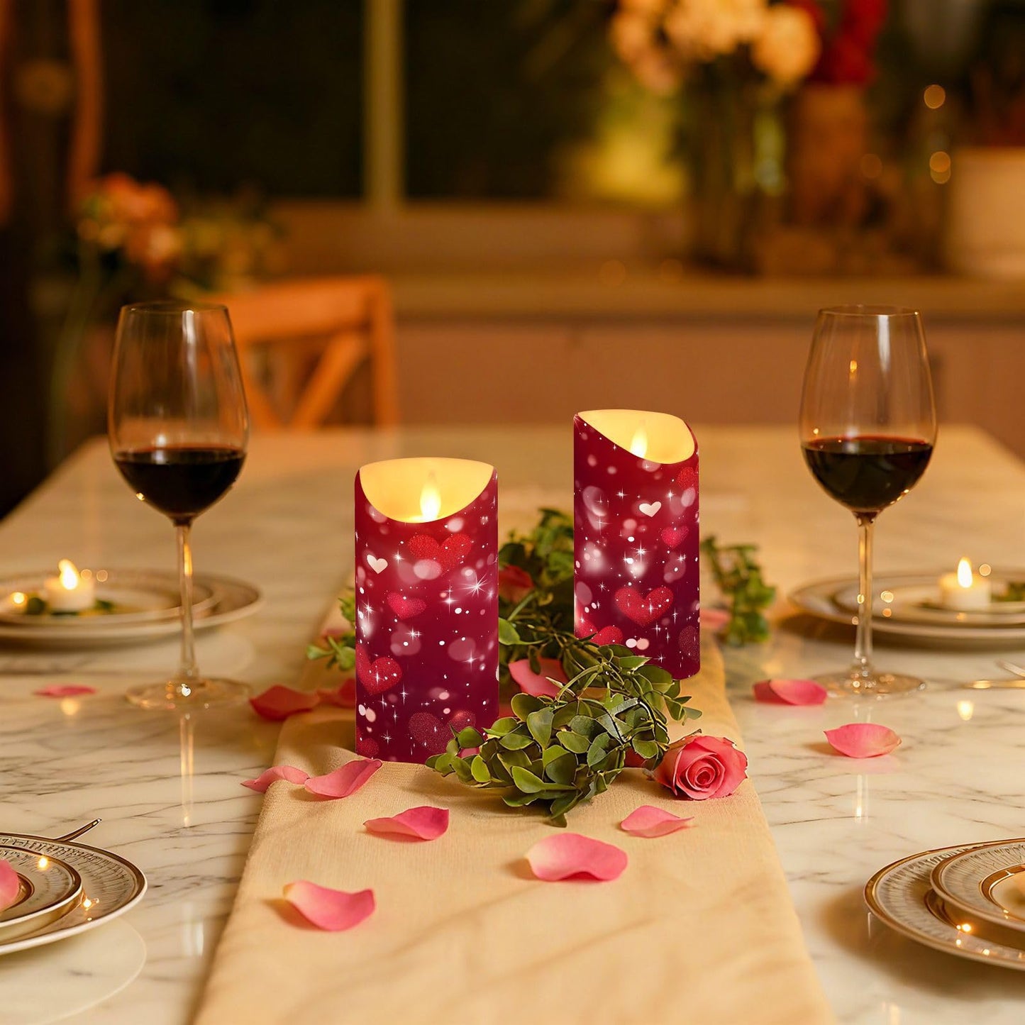 Valentines Flameless Candles Set of 2 Red Hearts Pattern Realistic LED Candles with Remote Battery Operated Holiday Decorations