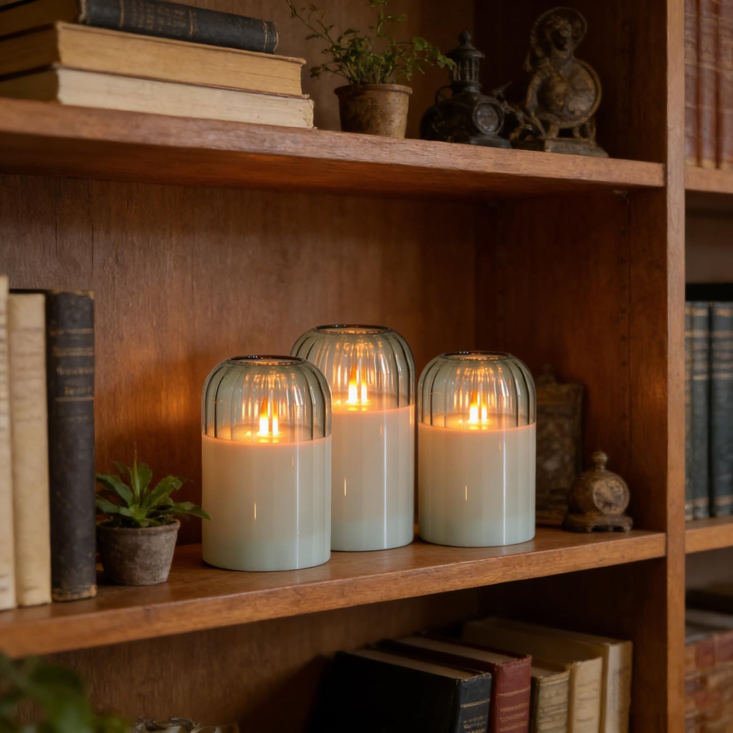 MUMCHASI Green Flameless Battery Operated Candles with Remote, Set of 5 Glass Jar LED Candles with Dancing Flame, Flickering Electric Candlelight for Home Wedding Party Decor H4”5”5”6" 6”