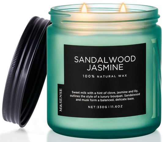 M&SENSE Sandalwood Jasmine Home Scented Candles, 11.6oz Organic Natural Soy Wax, 70 Hours Long Lasting Slow Burning, Non Toxic Clean Burn, Spring Floral Smelling for Meditation Relaxation
