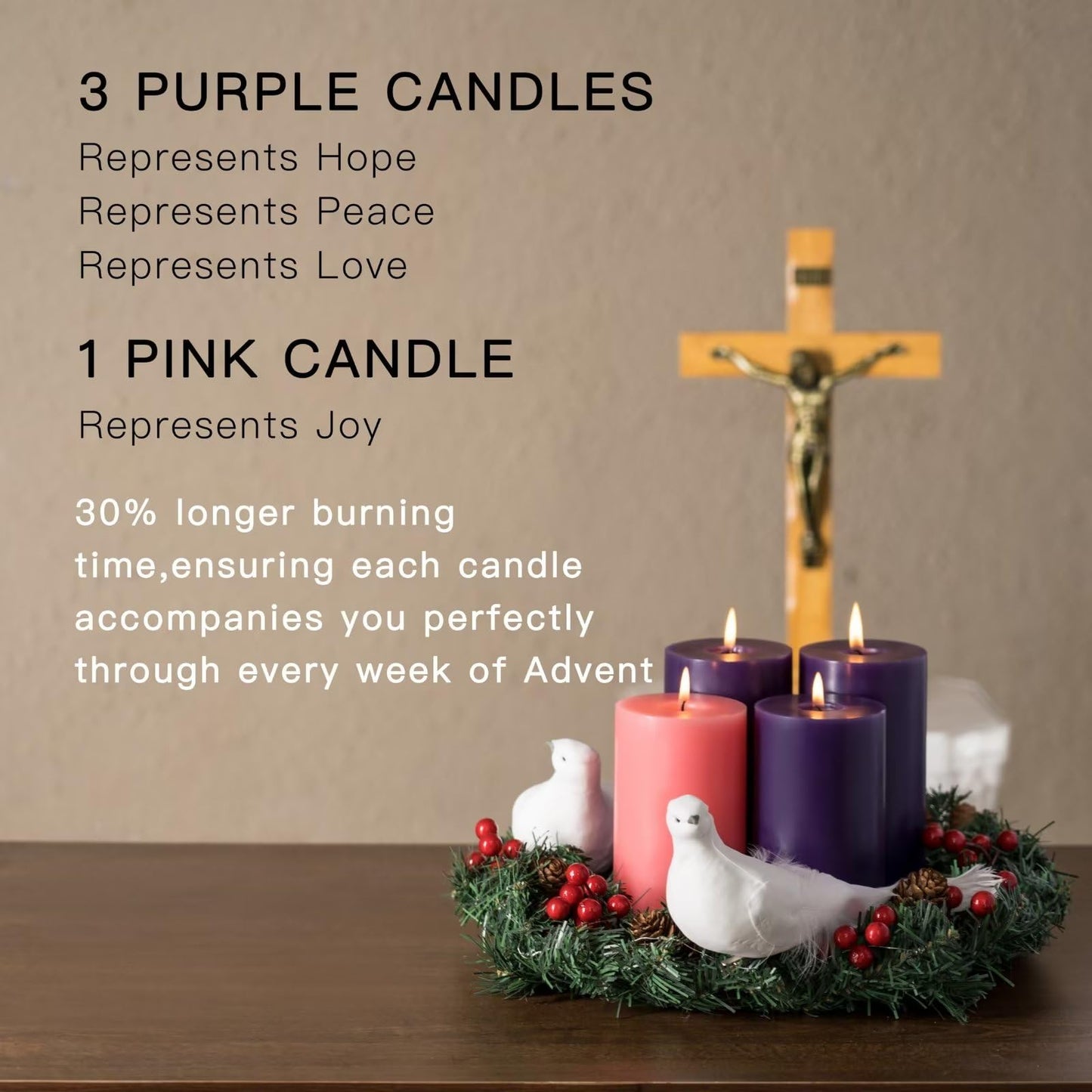 MOZEAL 3" x 6" Hand-Poured, Unscented Advent Pillar Candles. Each Candle Offers Approx 115 Hours of Clean, Long-Lasting Burn time.Dripless Advent Candles Set of 4 is Ideal for Advent Wreath