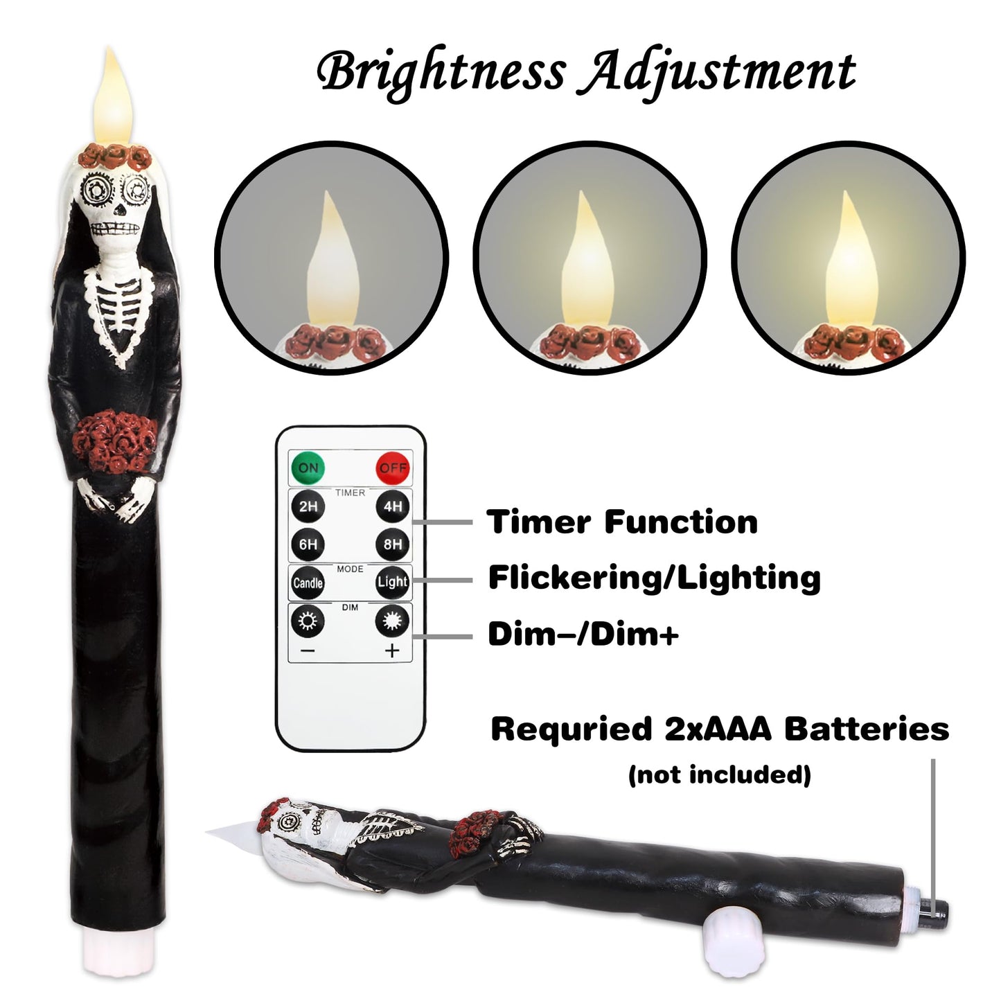 Black Flameless Taper Candles with Remote Battery Operated CandleSticks Flickering Light Set of 2 Real Wax Handmade Skeleton Couple LED Window Candles for Halloween Horror Party Gothic Wedding Decor