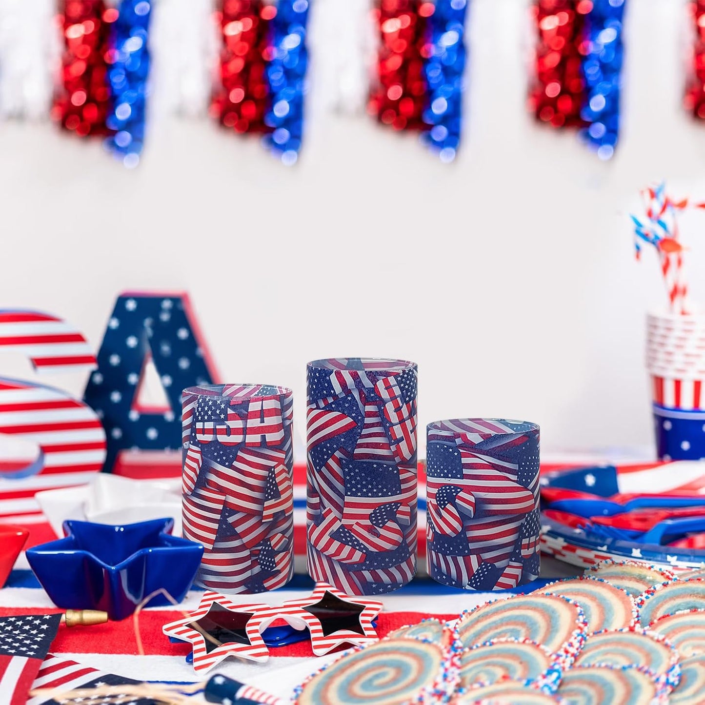 NJAO HOO Patriotic American Flag Flameless LED Battery Operated Pillar Candles with Remote Control and Timer, 4th of July Candles for Home Decor Set of 3