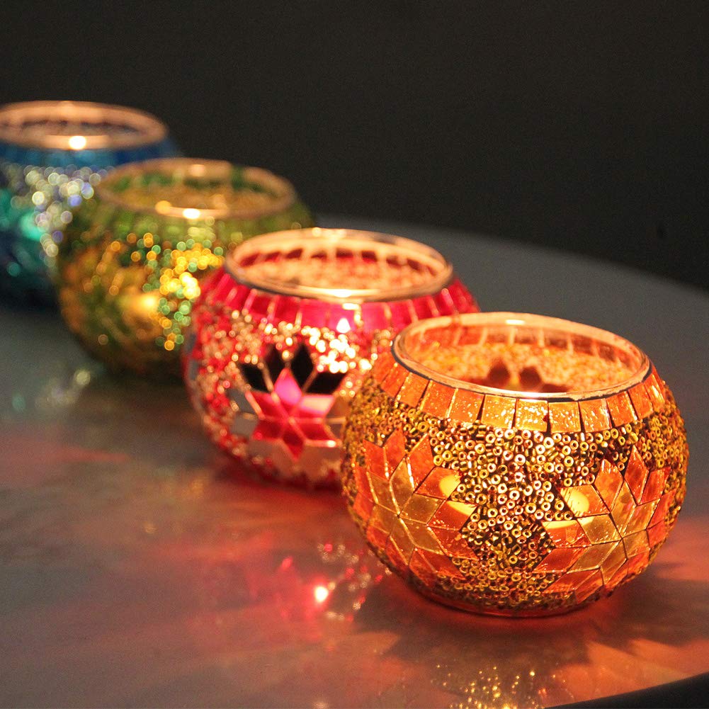 SHMILMH Votive Candle Holder Set of 4, Diwali Decoration for Home, Handmade Mosaic Glass Tealight Candle Holders for Table Centerpiece Decor,Diwali Thanksgiving
