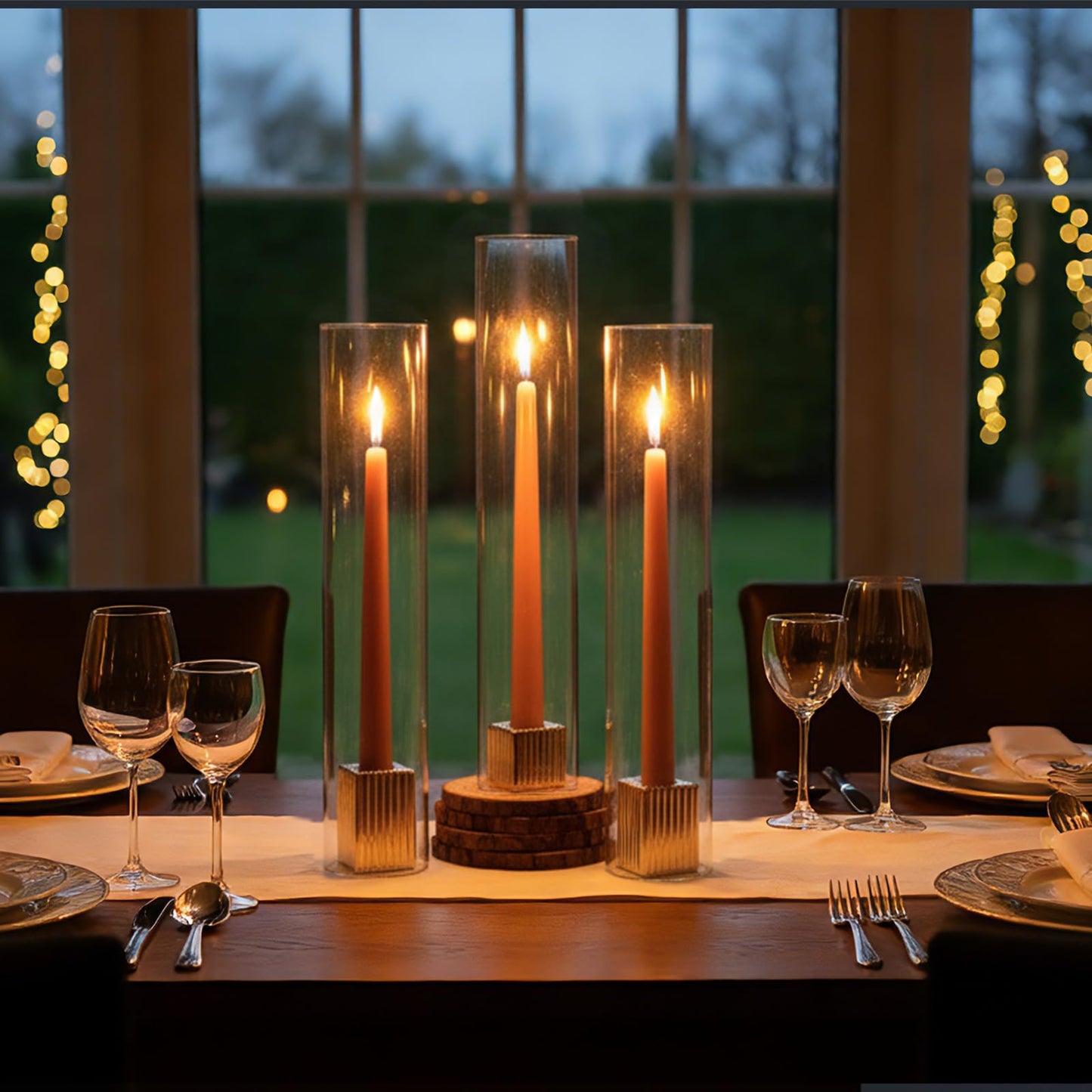 LETINE 14" Tall Hurricane Candle Holders with Gold Ribbed Taper Candle Holders Set of 9– Bulk Windproof Taper Candle Hurricane Glass for Outdoor&Indoors Wedding Centerpiece, Event & Home Decor