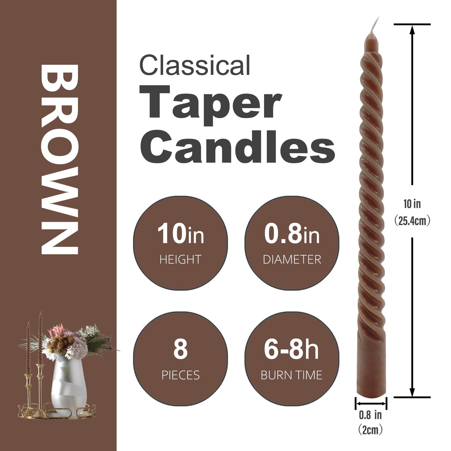 8 Pack 10 Inch Brown Spiral Taper Candles Long Burning Dripless Candles for Party Dinner Home Decor Wedding and Celebrations
