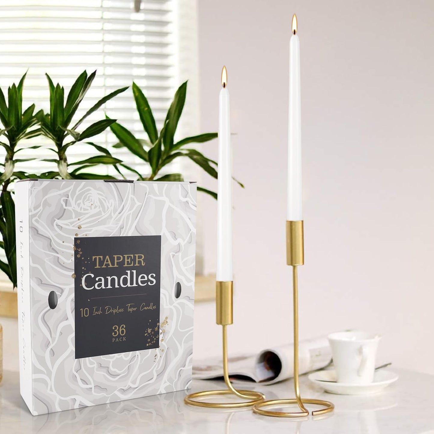 Grcdoyvl 36 Pack White Taper Candles 10 Inch - Premium Unscented Dripless & Smokeless Long-Burning Candles for Wedding Decor, Fine Dining, Candelabras, Romantic Dinner, and Elegant Home Decor