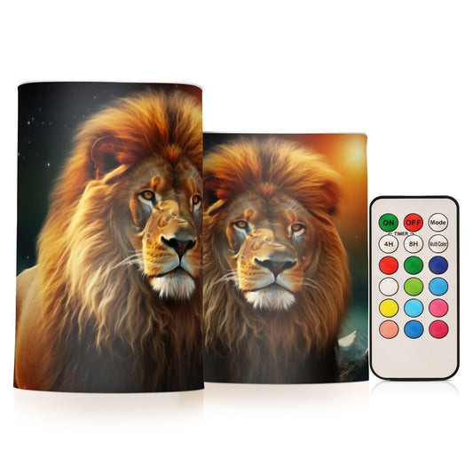 GOODOLD Flameless Candles with Remote Control and Timer, Night Sky Lion Flickering Candles Battery Operated LED Pillar Candles, Warm Light for Home Decor, Set of 2 (D 3" x H 4" 5")