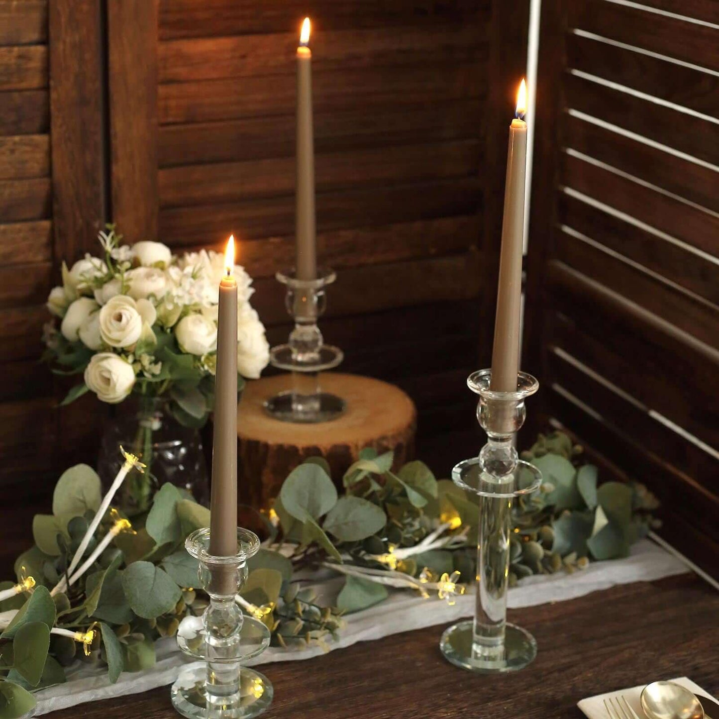 Tableclothsfactory 10" Tall Premium Quality Dripless Unscented Taupe Taper Candles Wedding Dinner Candles for Wedding Decoration Set of 12