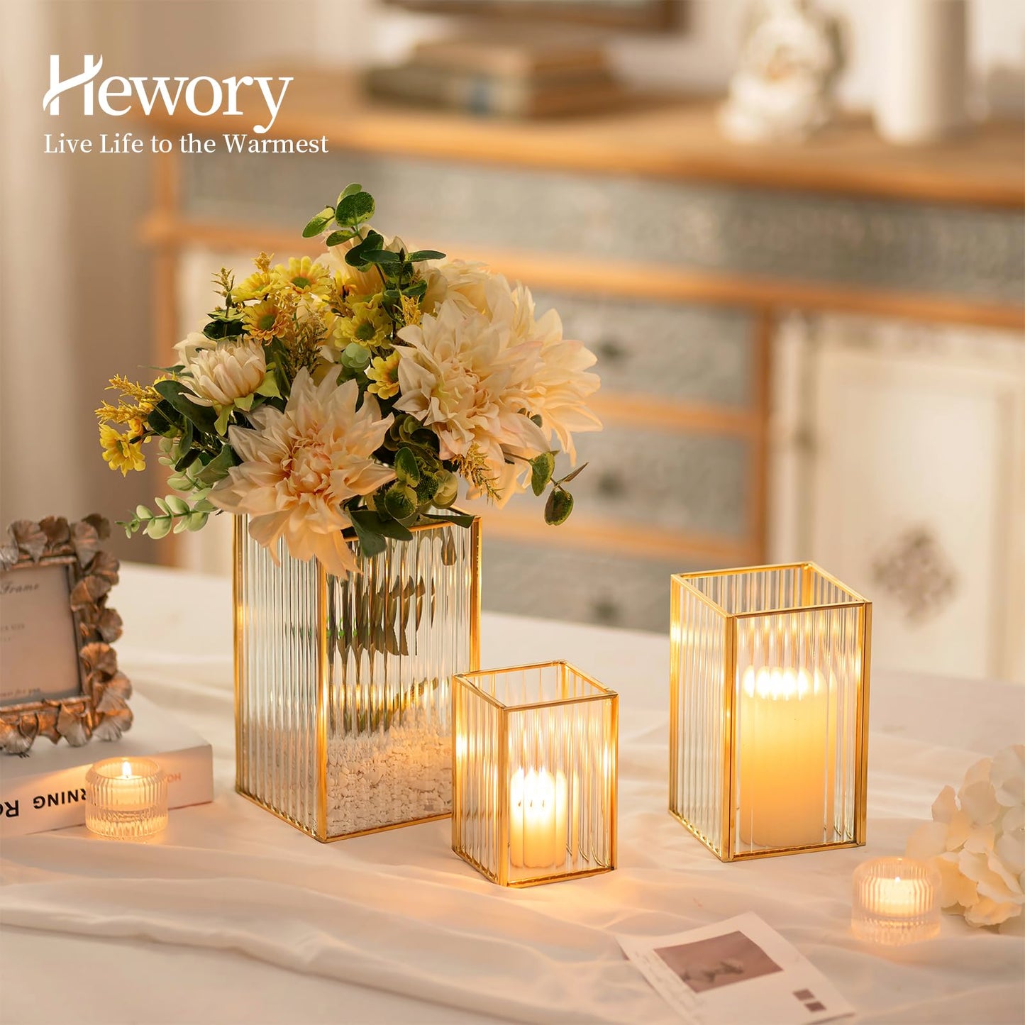 Hewory Gold Hurricane Candle Holder: 6 PCS Ribbed Hurricane Glass Candle Holders for Pillar Candles, Square Pillar Candle Holders for Table Centerpiece Wedding Christmas, Home Decor for Kitchen Patio