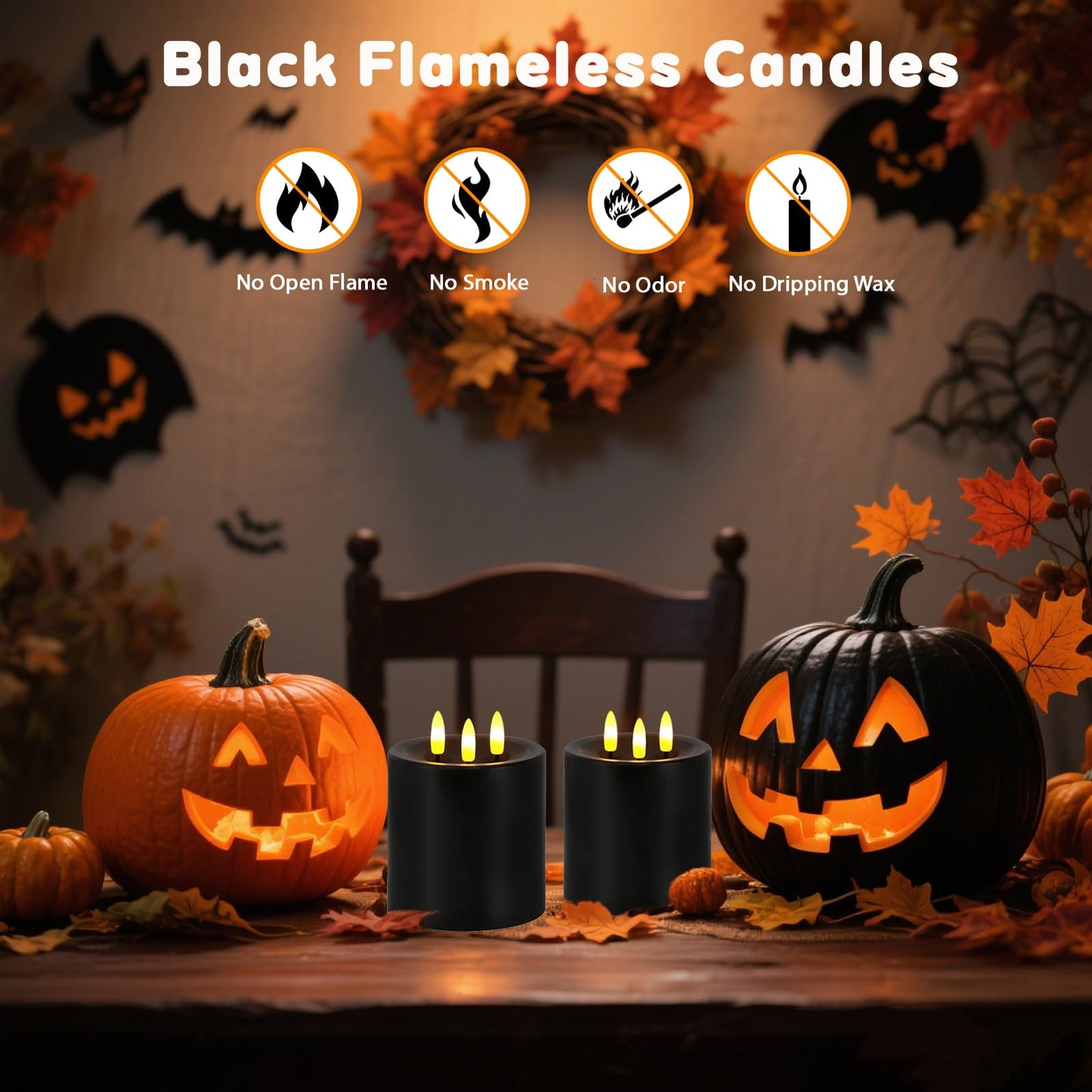 Large 3 Wick Flameless Candles Set of 2, 4"x4" Flickering LED Candles with Remote & Timer, Dimmable Real Wax Electric Pillar Candles Battery Operated, Black Candles Light for Home Halloween Decor