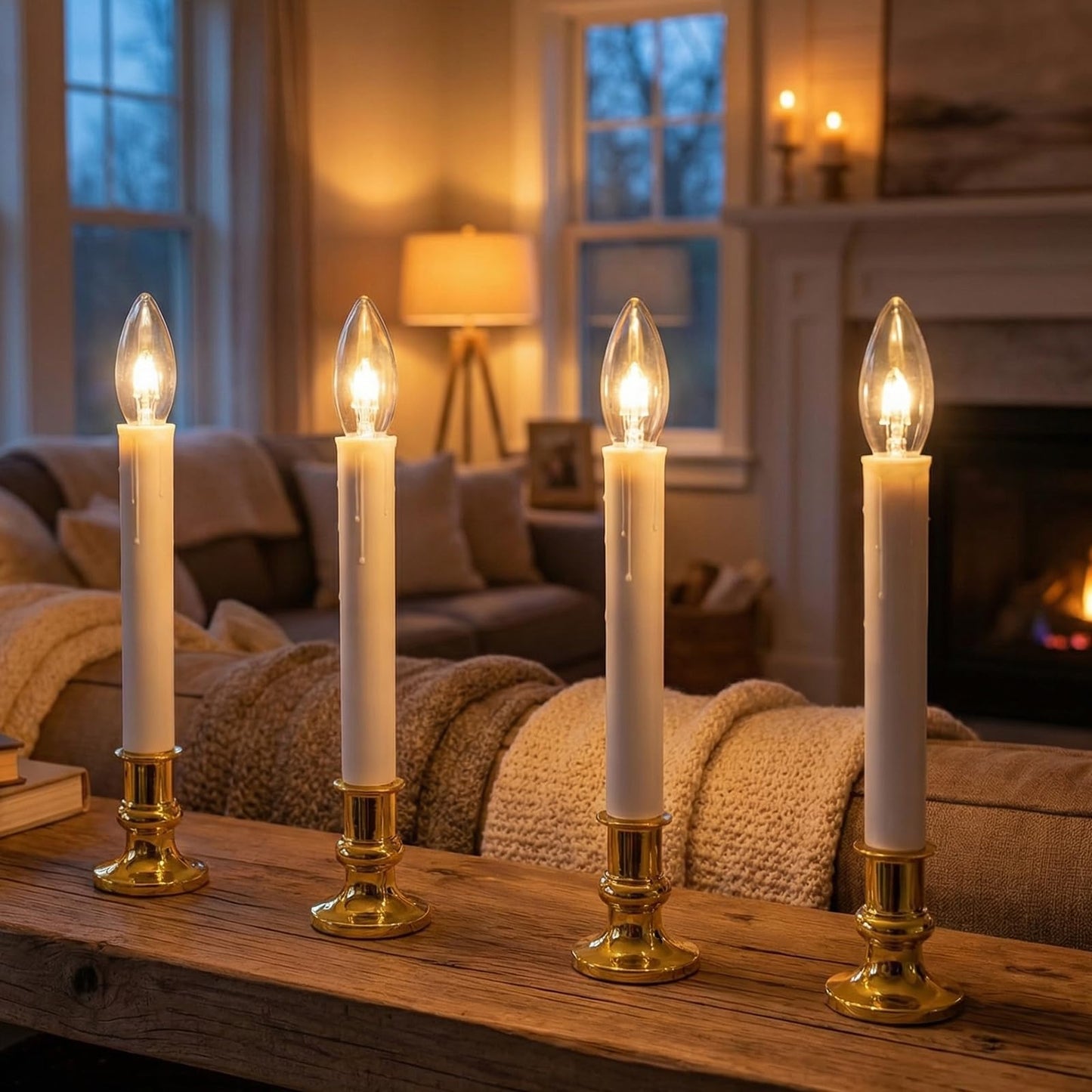 4 Pack Christmas Battery Operated Window Candles with Timer (6-18H), Wireless Window Candle Light with Gold Candlestick Base, C26 LED Bulb Candle Lamp for Home Party Valentines Decor, 4 Suction Cups