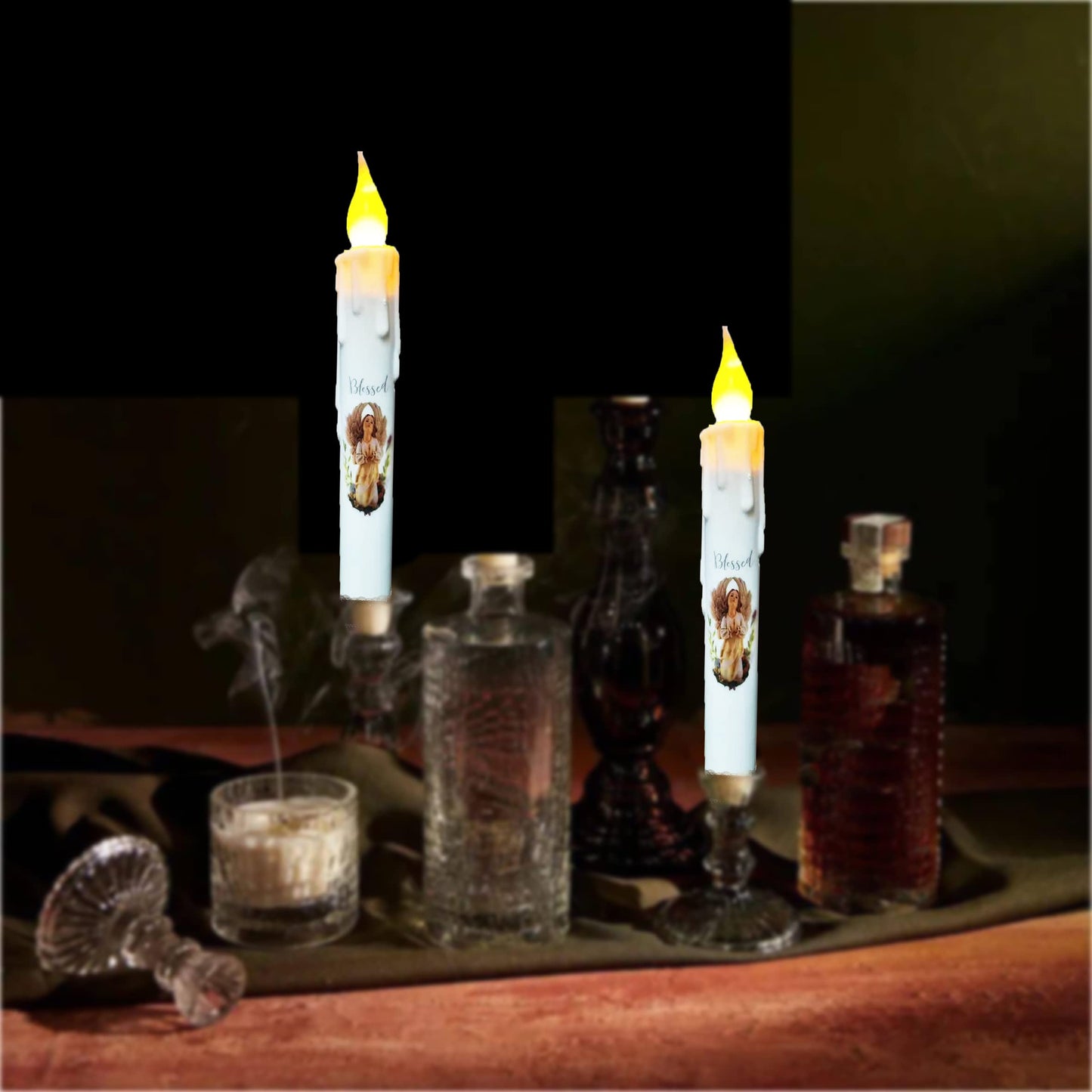 TAIANLE.Battery Operated Taper Candles with Timer, 6.75 Inch Set of 4 Primitive Flameless Taper Candles Flickeirng Flame,Angel Blessed Decor Halloween Wedding Christmas Window Decor