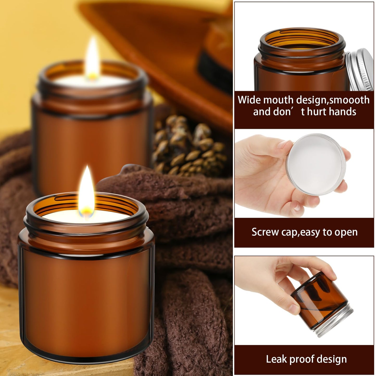 Zhehao 24 Pcs Glass Candle Jars with Lids Bulk, Round Empty Candle Container Tins, Dishwasher Safe and Leakproof DIY Crafts(Amber,Silver,4 oz)