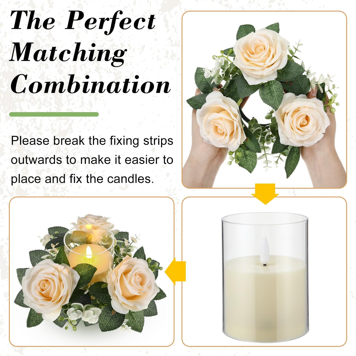 Yunlly 32 Pcs Rose Candle Rings with Flameless Candles Sets, Artificial Flower Eucalyptus Wedding Centerpiece 3 Inch Pillar Candleholders Wreaths for Wedding Party Mother's Day (Champagne)