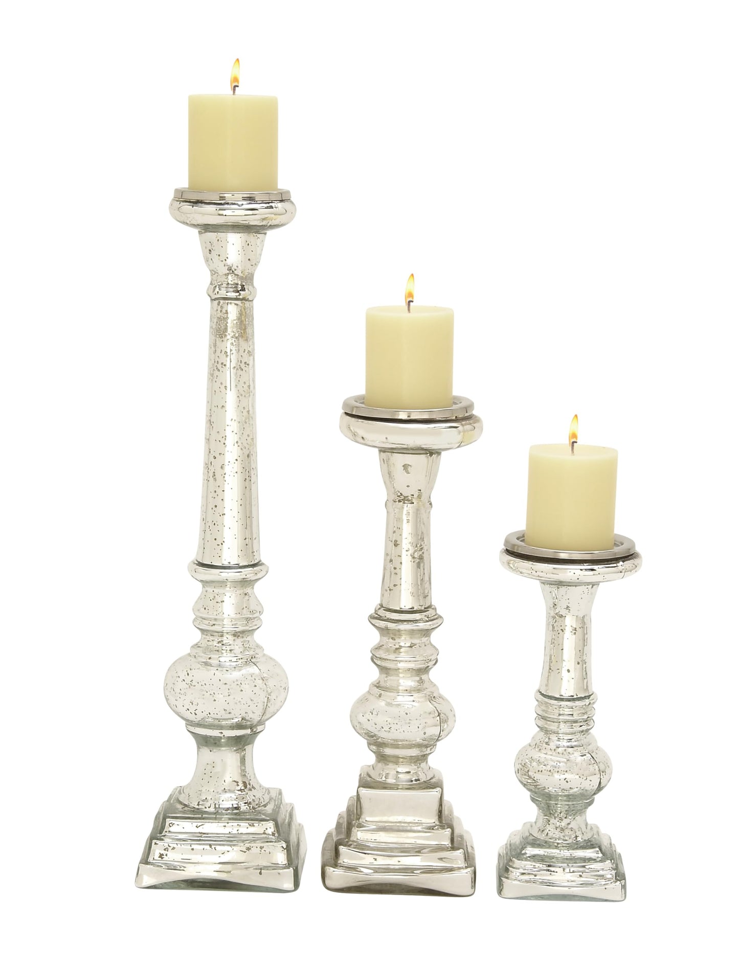 Deco 79 Glass Handmade Decorative Candle Holder Turned Style Pillar Candle Stand, Set of 3 Candlestick Holder 11", 15", 21"H, Silver