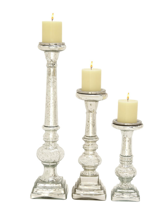 Deco 79 Glass Handmade Decorative Candle Holder Turned Style Pillar Candle Stand, Set of 3 Candlestick Holder 11", 15", 21"H, Silver